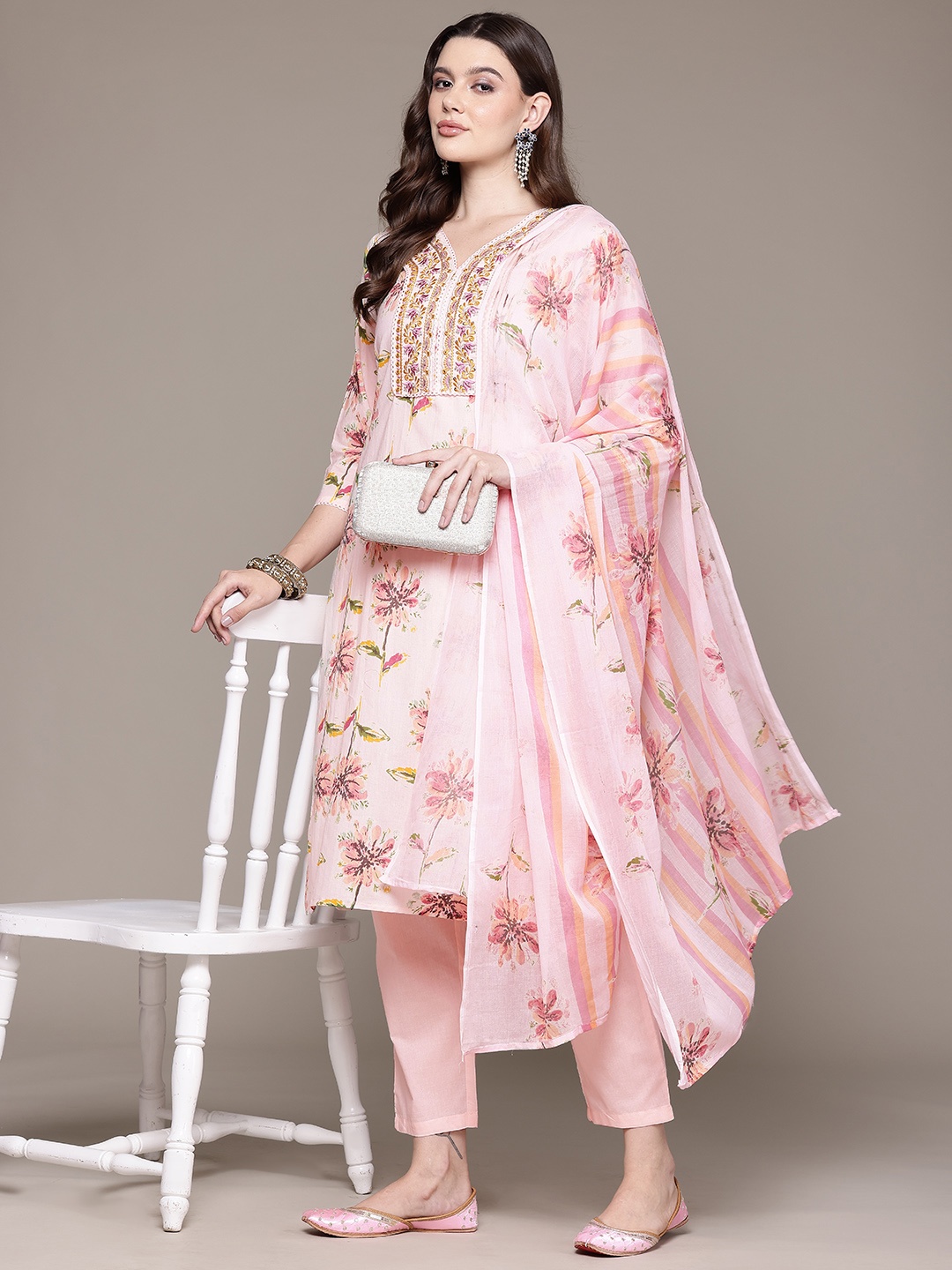 

Readiprint Fashions Floral Printed Thread Work Pure Cotton Kurta With Trousers & Dupatta, Peach