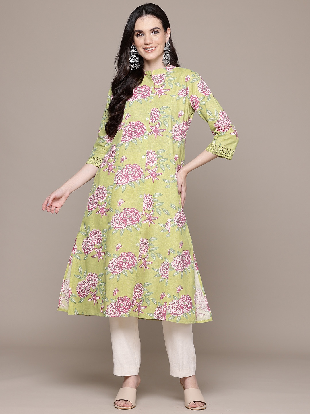 

Readiprint Women Pure Cotton Indie Florals Kurta, Green