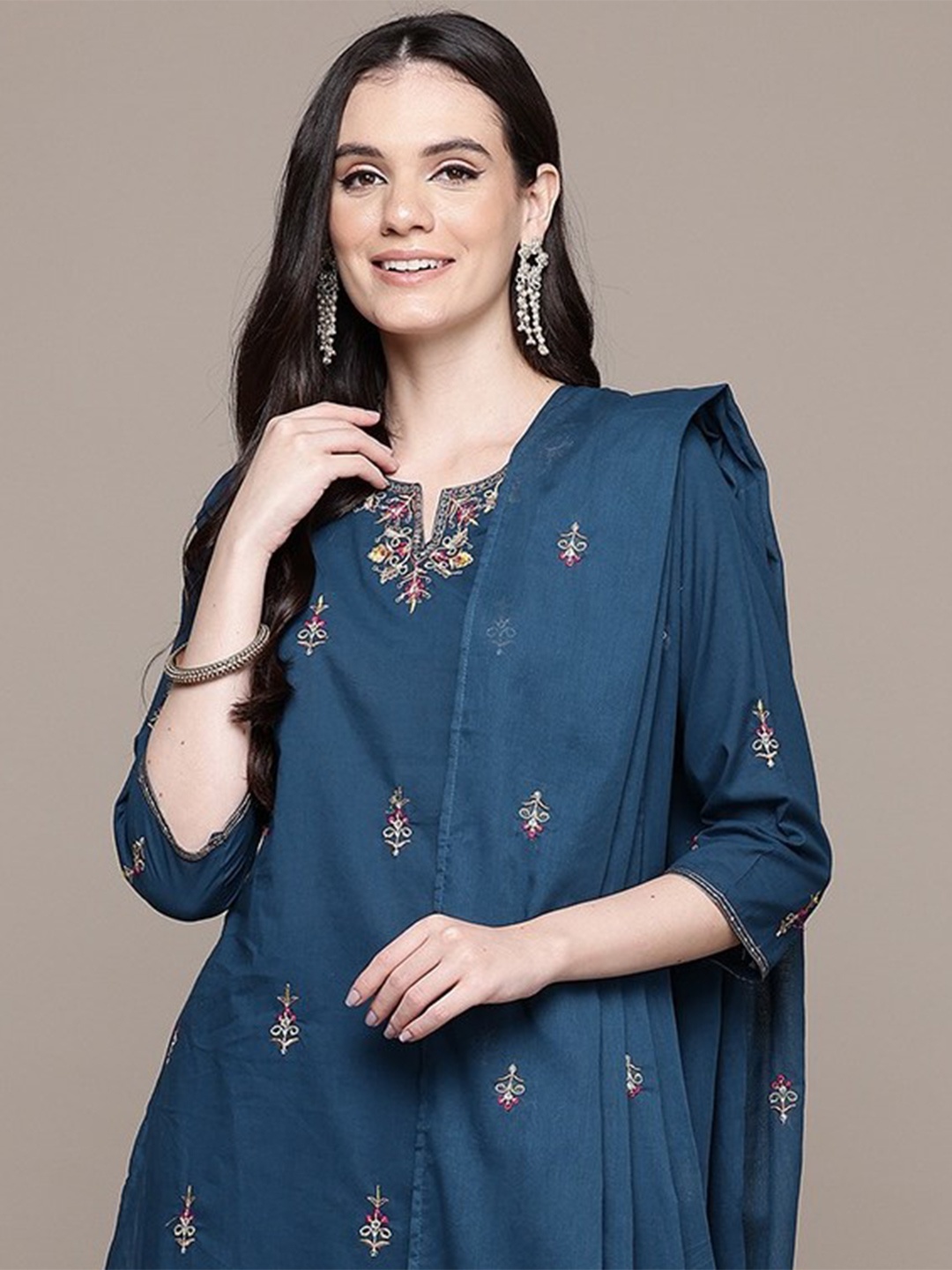 

Readiprint Women Embroidered Pure Cotton Kurta with Trousers & Dupatta, Navy blue