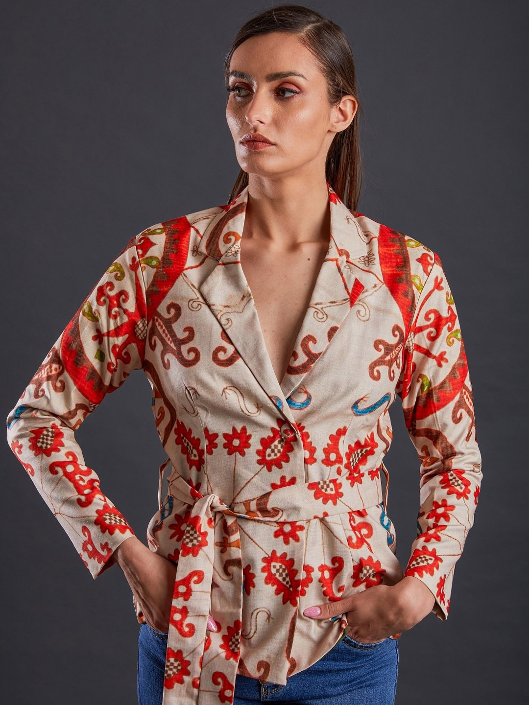 

FUGA Floral Embroidered Lapel Collar Cotton Tailored Jacket With Belt, Cream