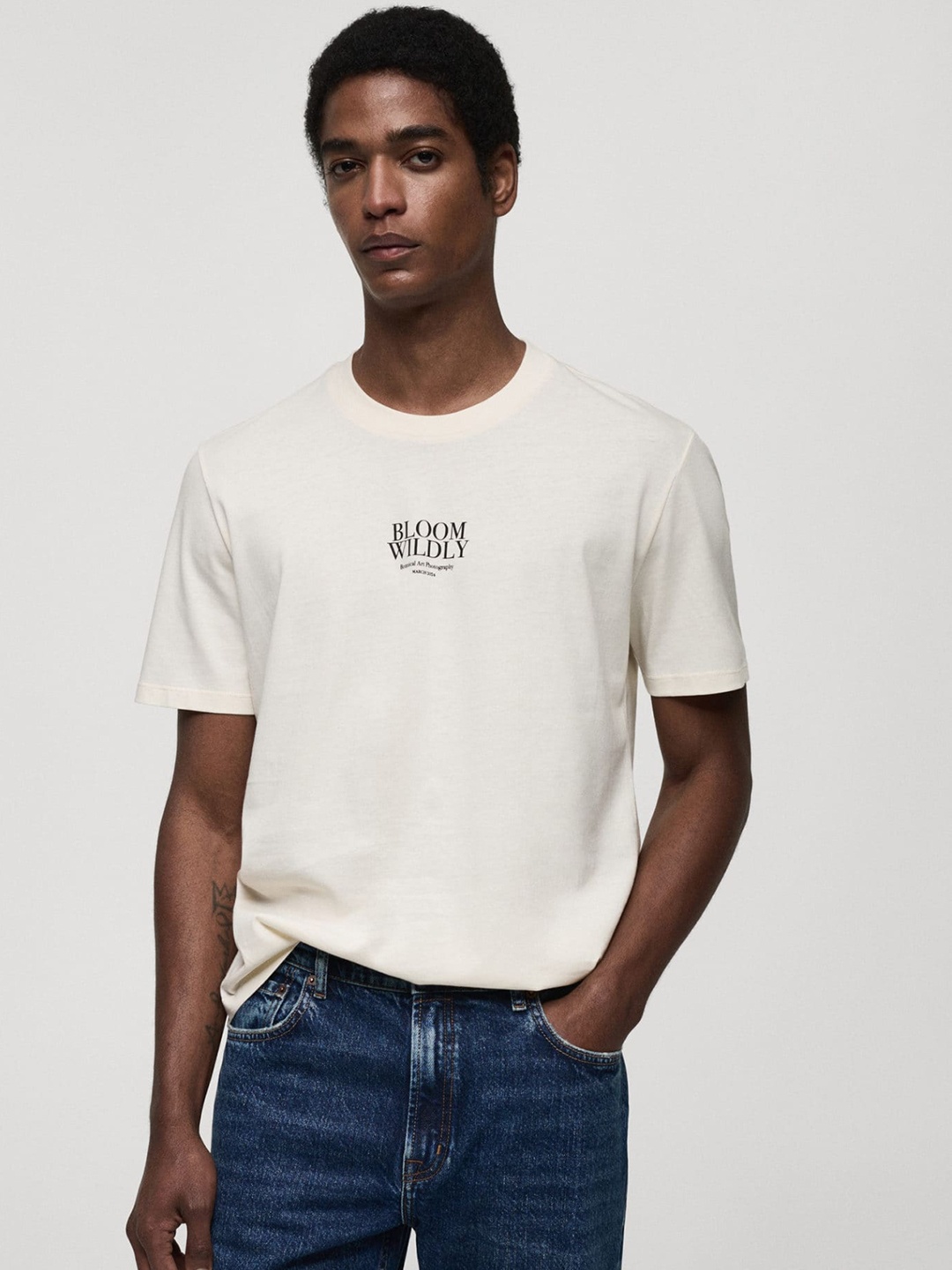 

MANGO MAN Printed Pure Cotton Slim Fit T-shirt, Cream