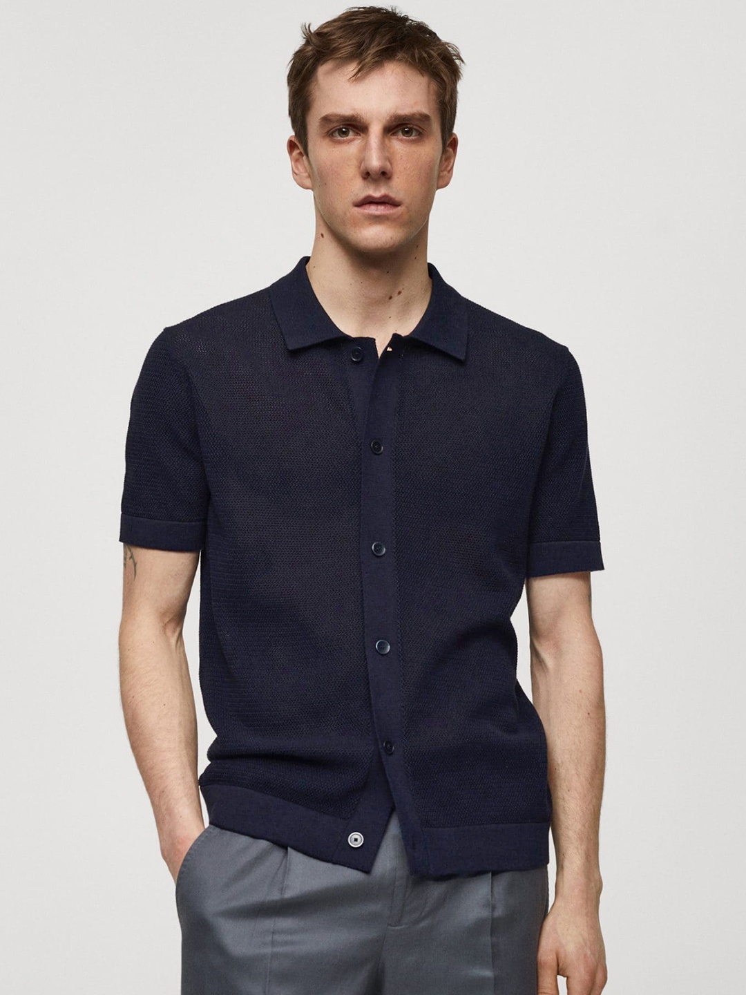 

MANGO MAN Knitted Opaque Casual Shirt, Navy blue