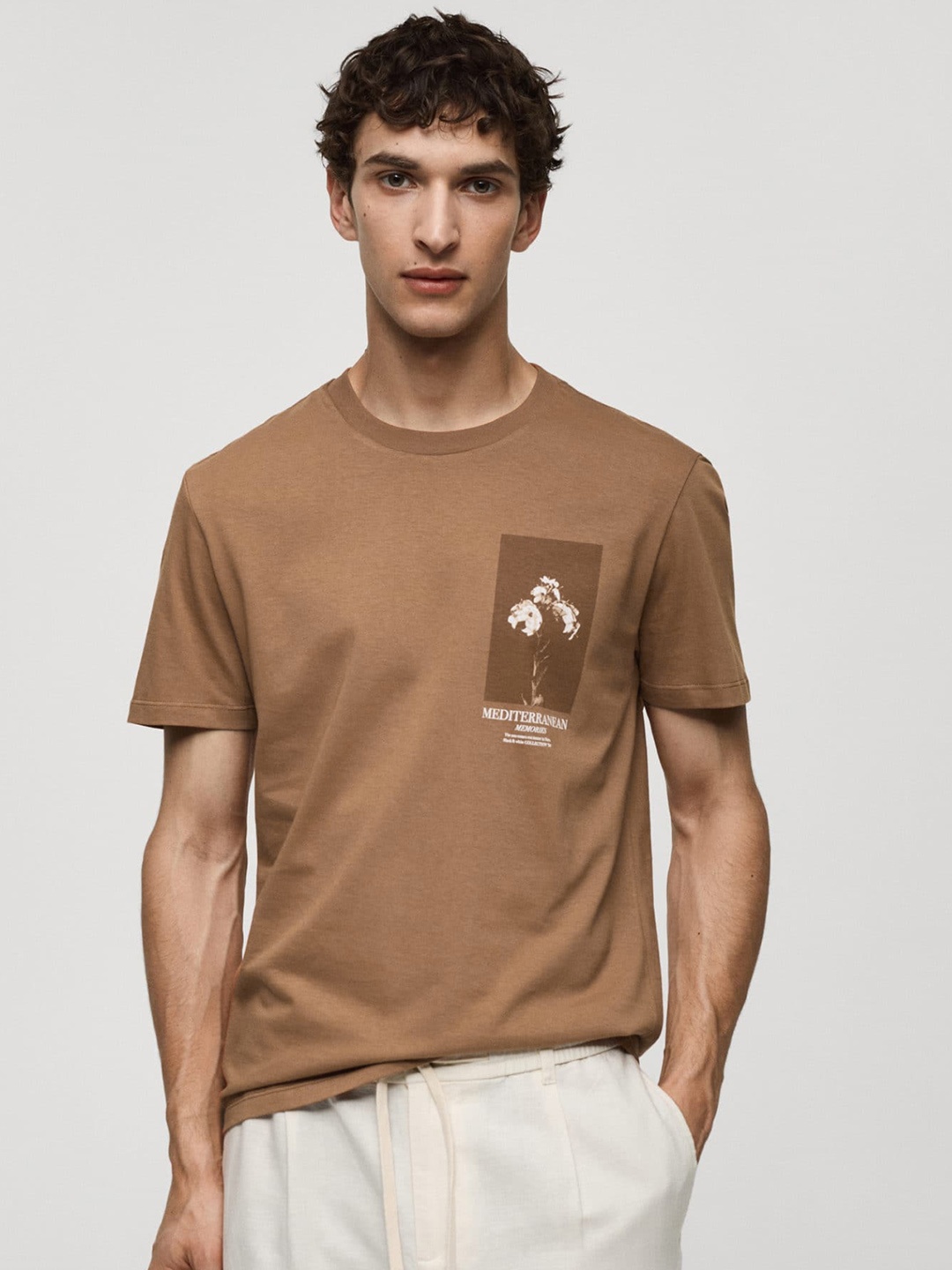 

MANGO MAN Men Graphic Printed Slim Fit Pure Cotton T-shirt, Rust