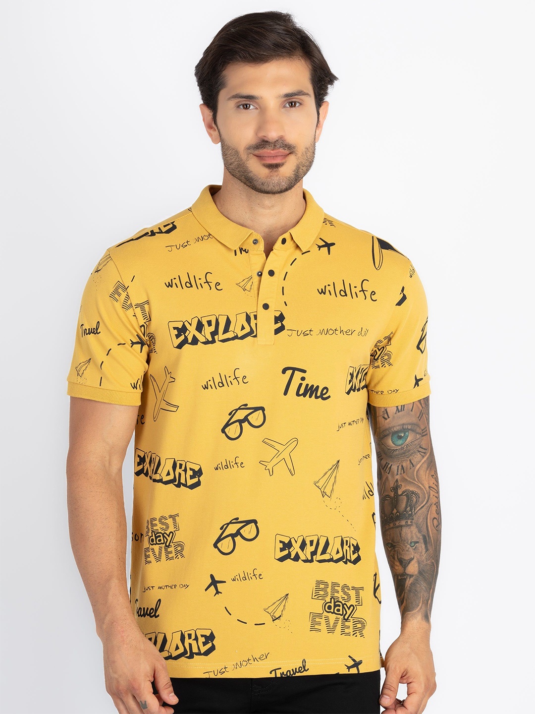 

Status Quo Typography Printed Polo Collar Cotton T-shirt, Mustard
