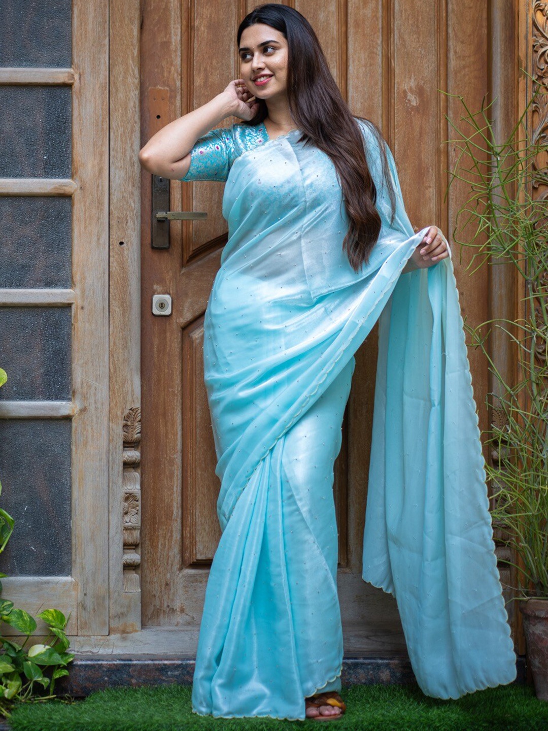 

I LOVE SAREES Embellished Beads and Stones Organza Saree, Blue