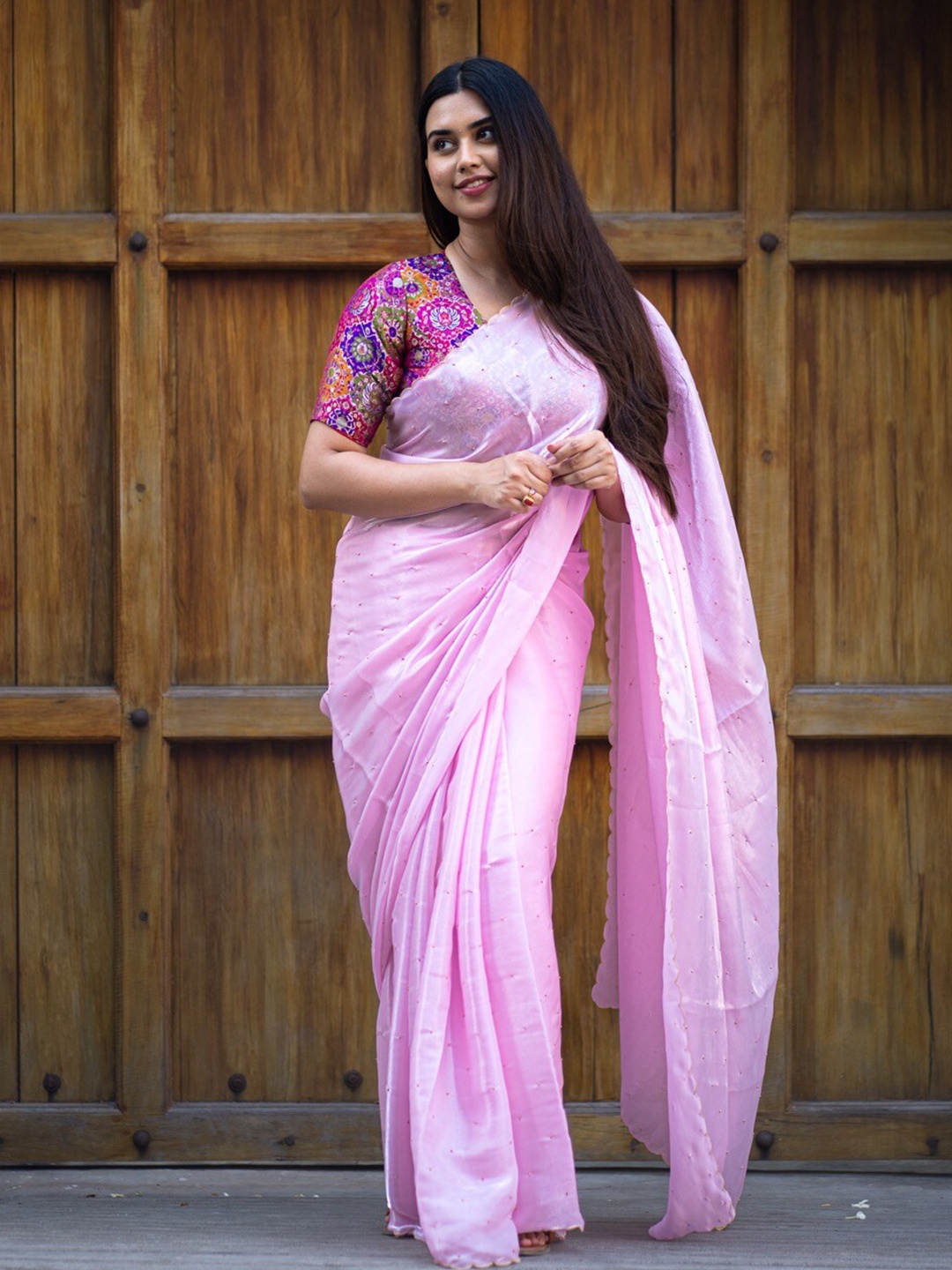 

I LOVE SAREES Embellished Beads and Stones Organza Saree, Pink