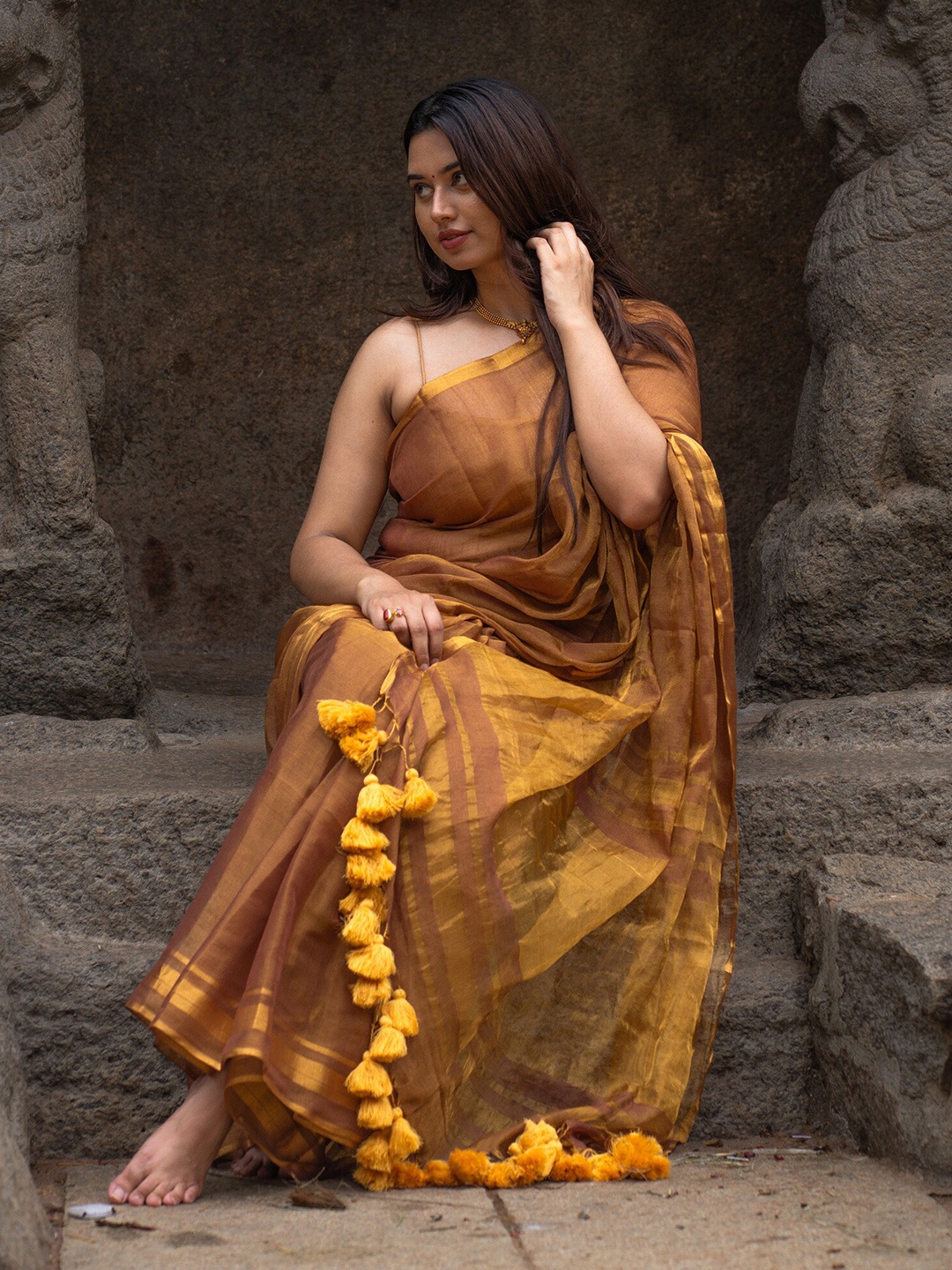 

I LOVE SAREES Zari Tissue Saree, Brown