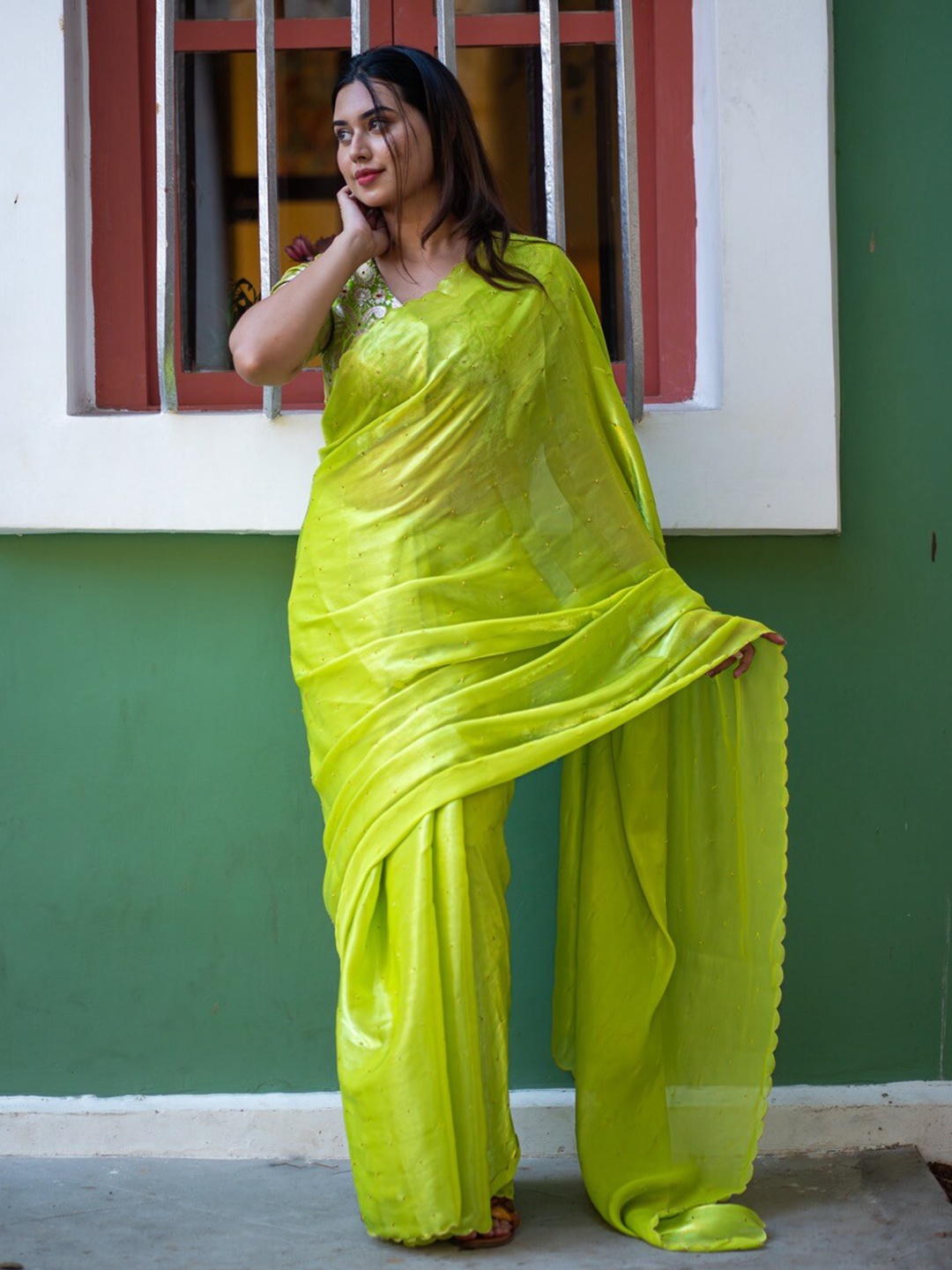 

I LOVE SAREES Embellished Organza Saree, Lime green