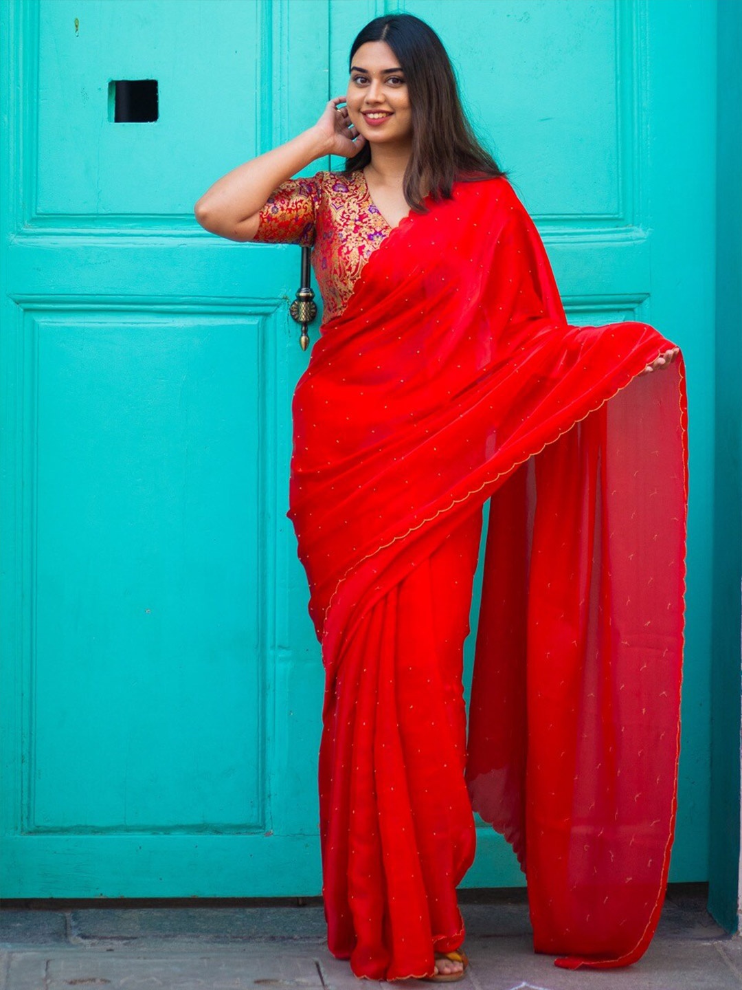 

I LOVE SAREES Embellished Beads and Stones Organza Saree, Red