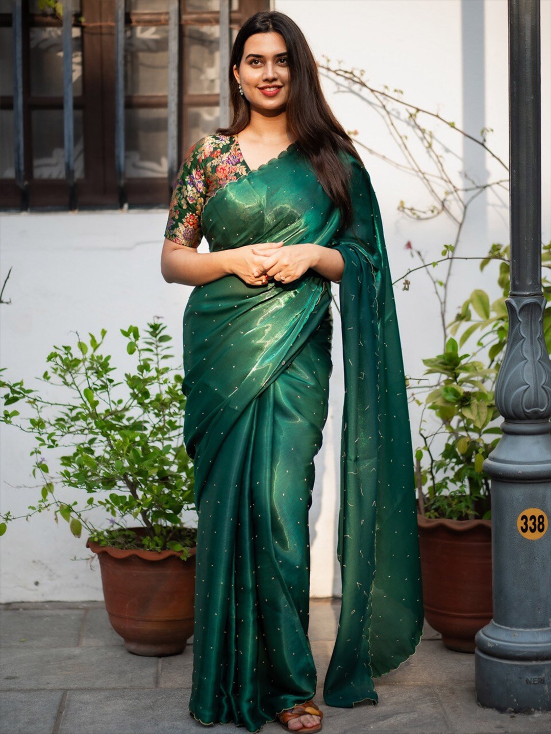 

I LOVE SAREES Embellished Beads and Stones Organza Saree, Green