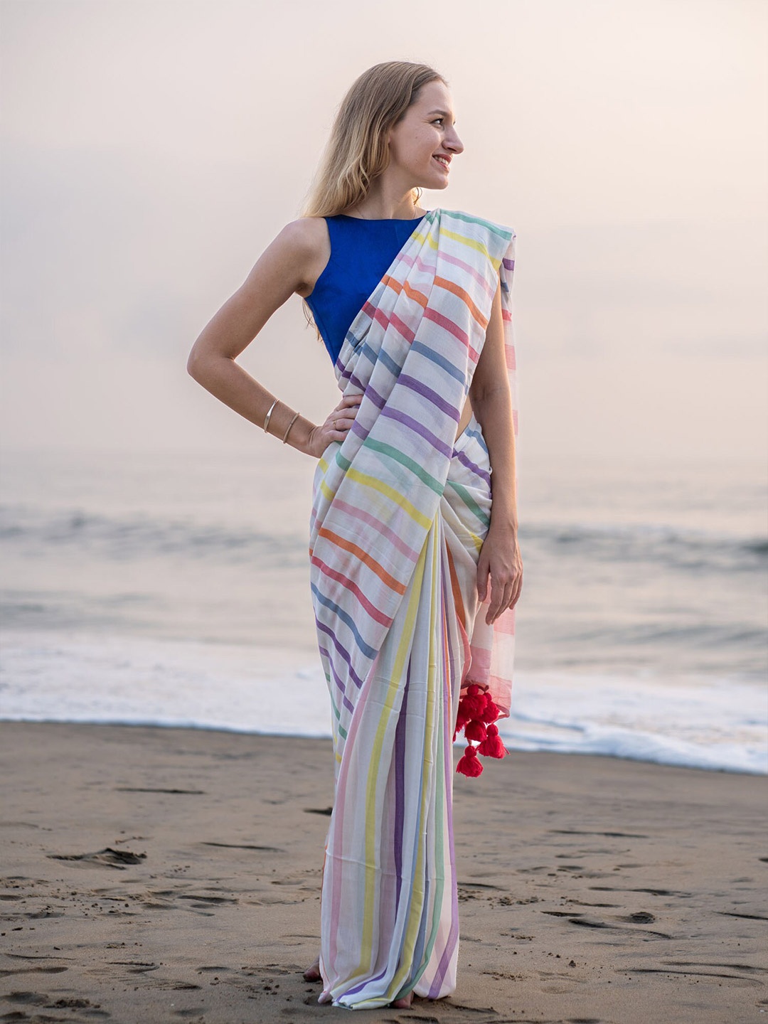 I LOVE SAREES Striped Saree, White