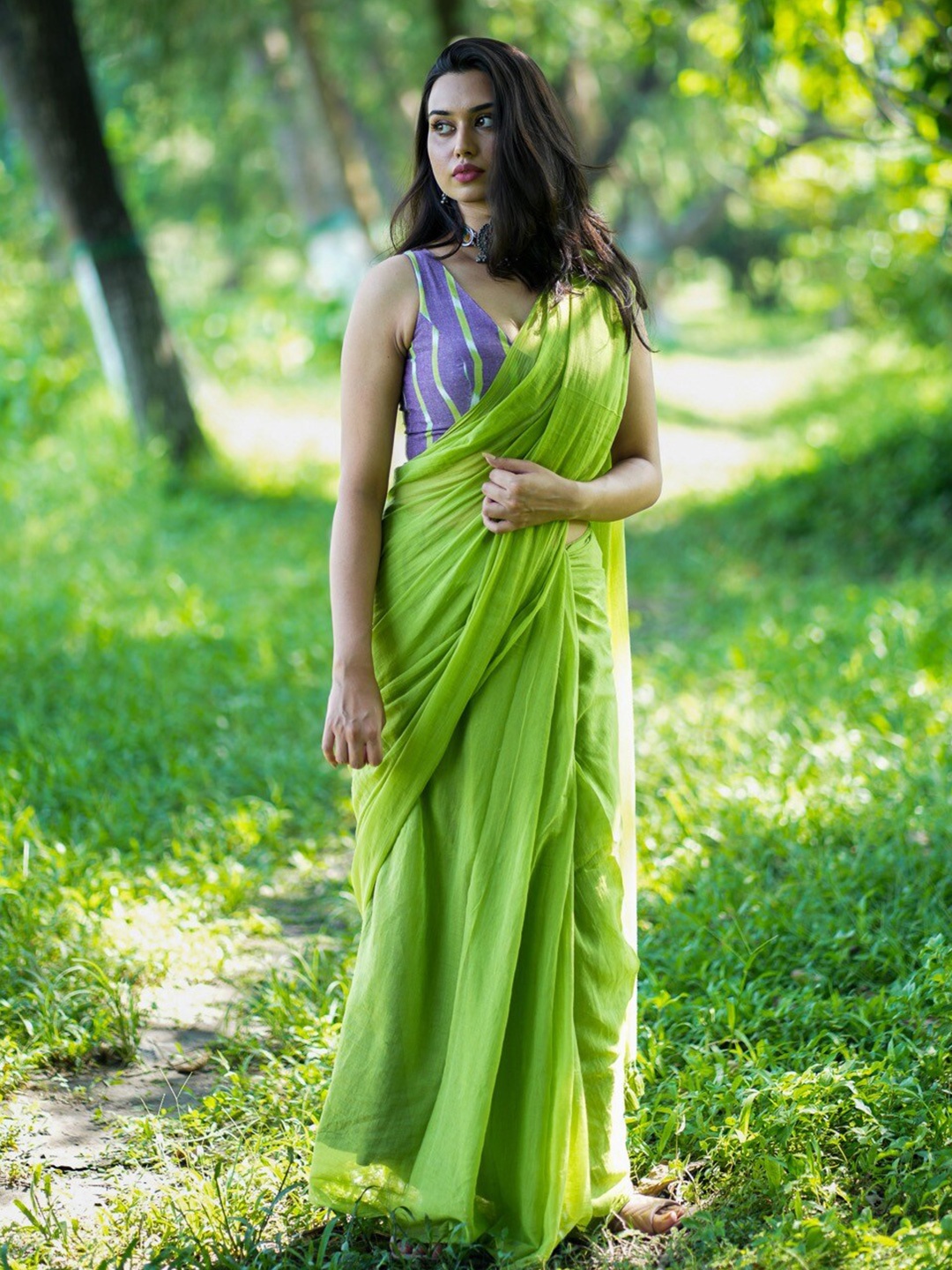 

I LOVE SAREES Solid Pure Cotton Saree, Lime green