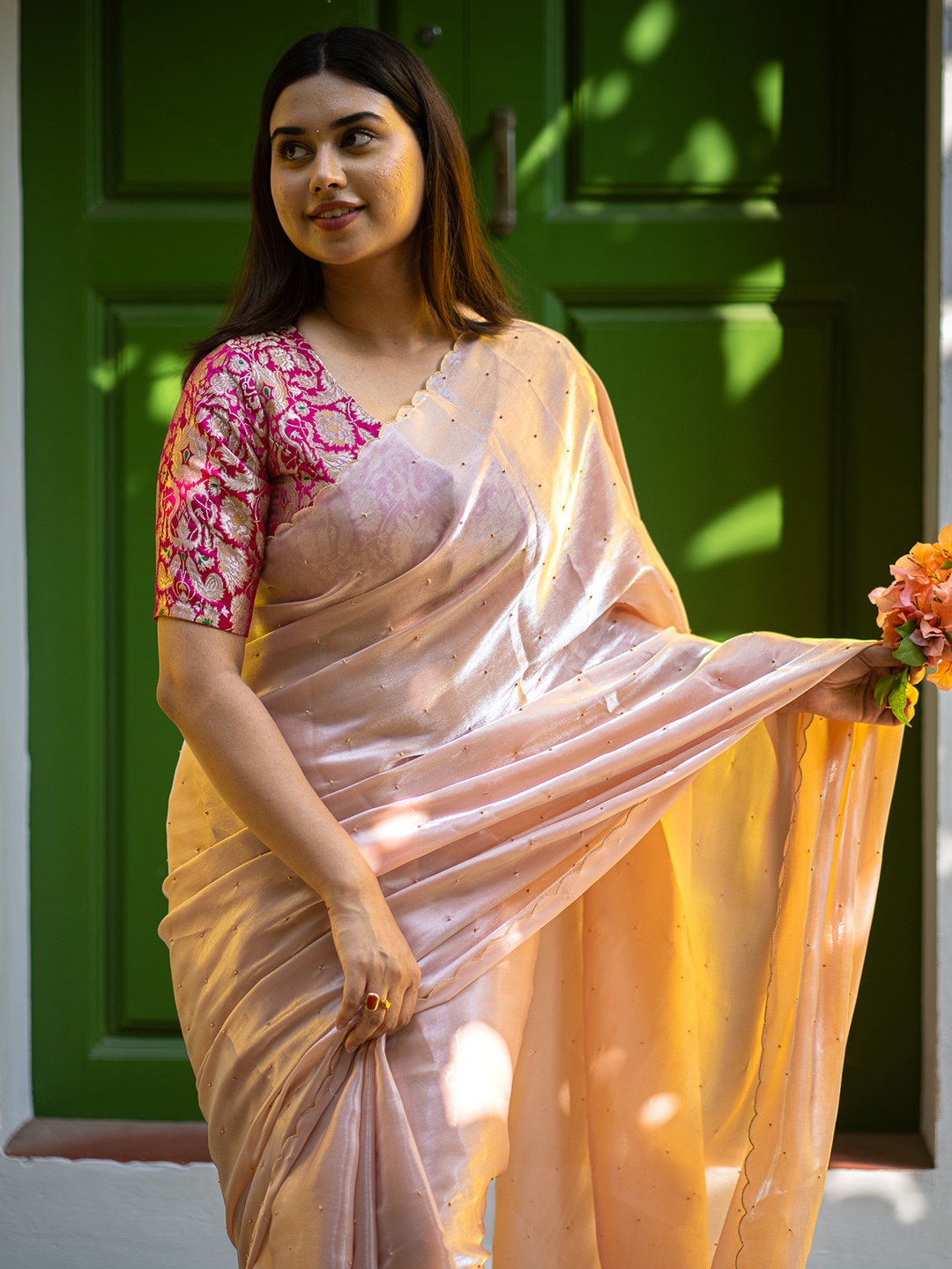 

I LOVE SAREES Embellished Beads and Stones Organza Saree, Beige