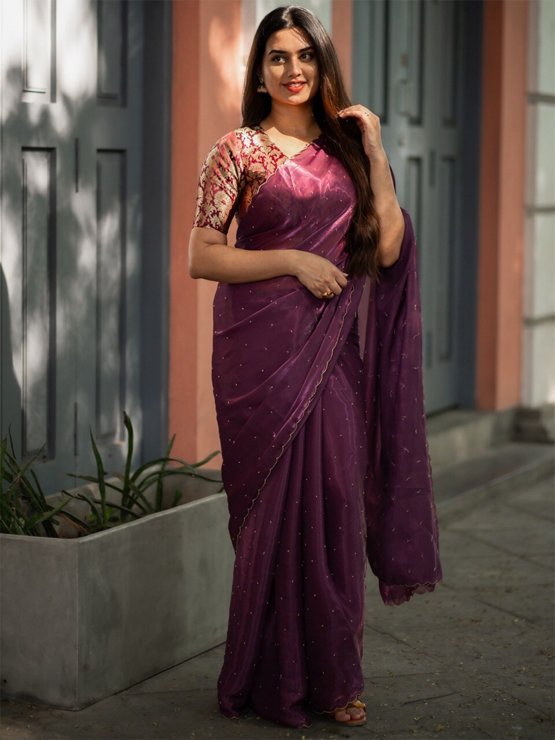 

I LOVE SAREES Embellished Beads and Stones Organza Saree, Purple