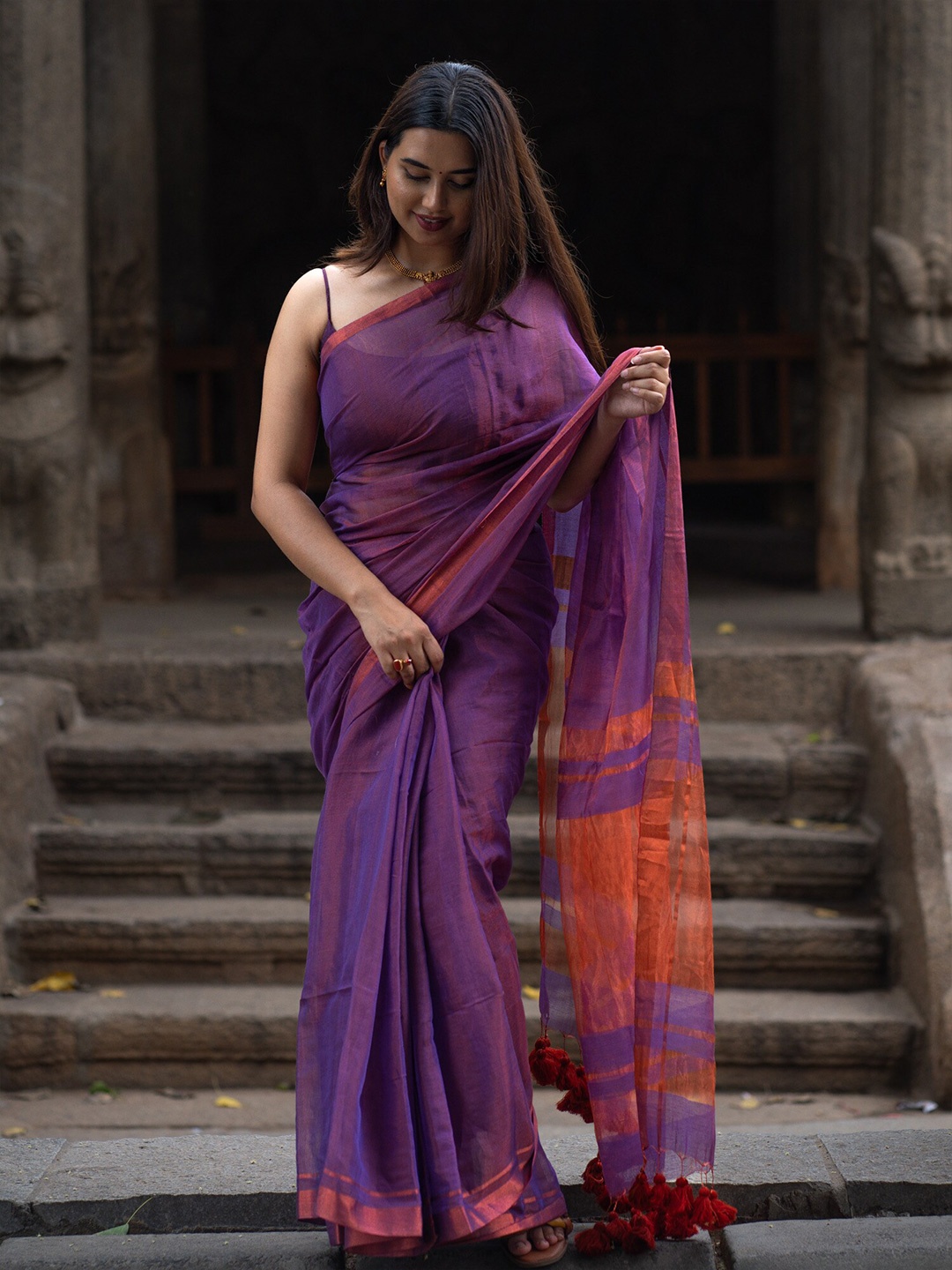 

I LOVE SAREES Solid Zari Tissue Saree, Purple