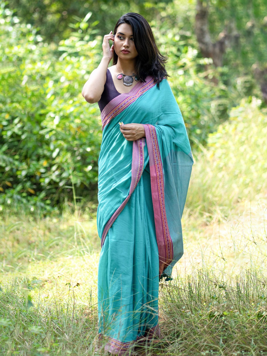 

I LOVE SAREES Pure Cotton Saree, Turquoise blue