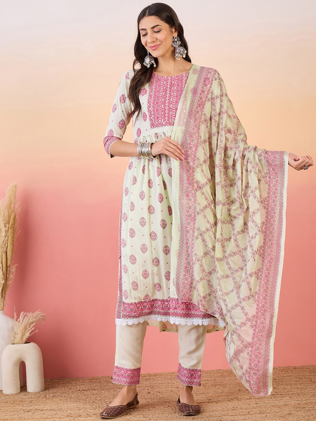 

Anouk Pink & White Printed Ethnic Motifs Mirror Work Kurta with Trousers & Dupatta