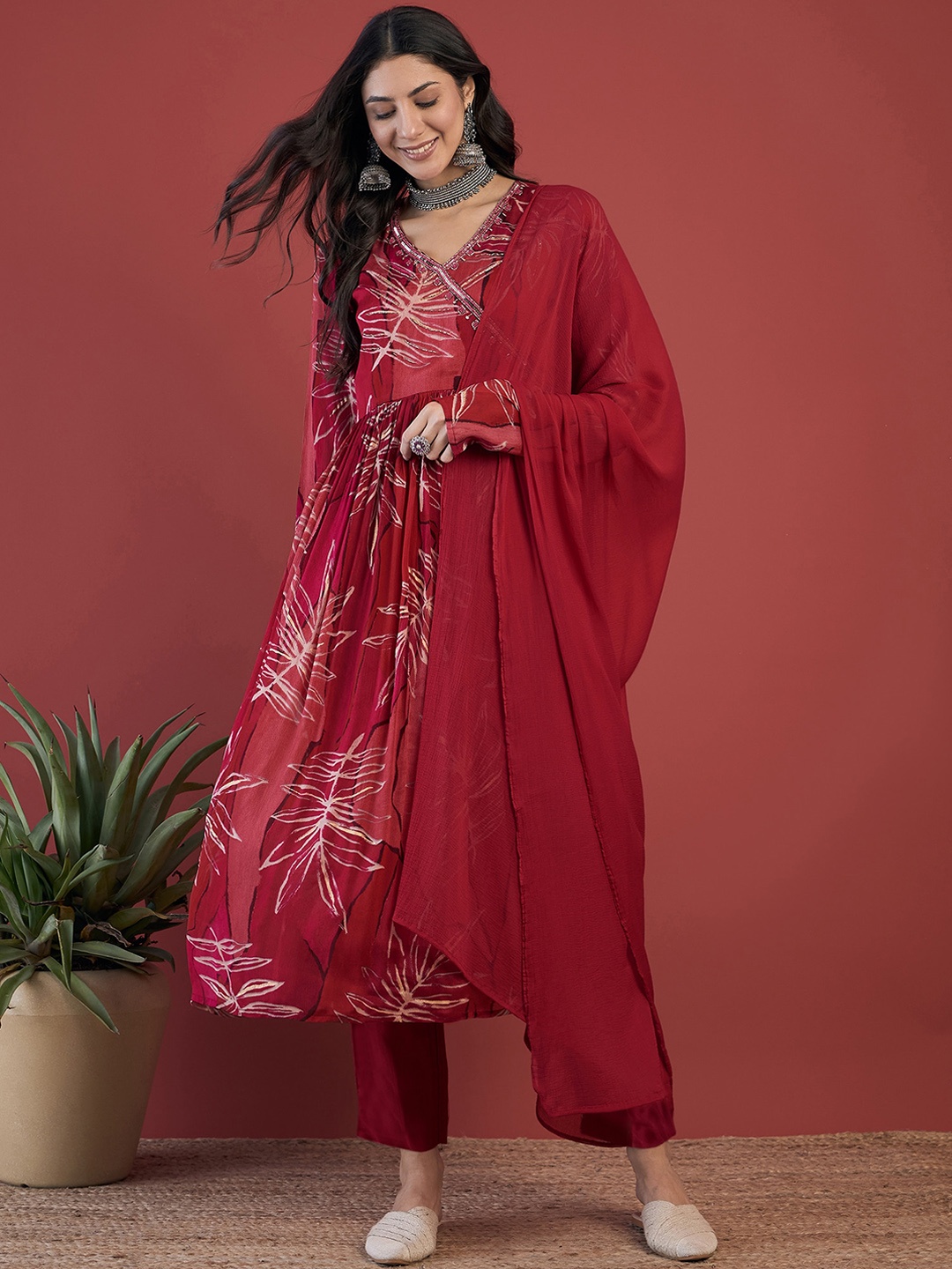 

Anouk Red Ethnic Motifs Printed Sequinned Chinon Kurta with Trousers & Dupatta
