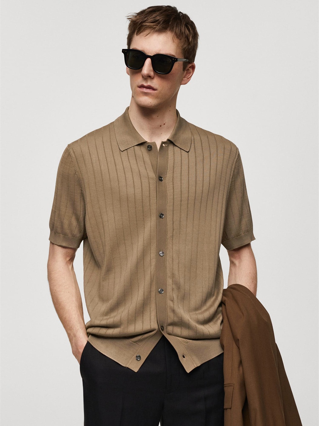 

MANGO MAN Knitted Ribbed Casual Shirt, Brown