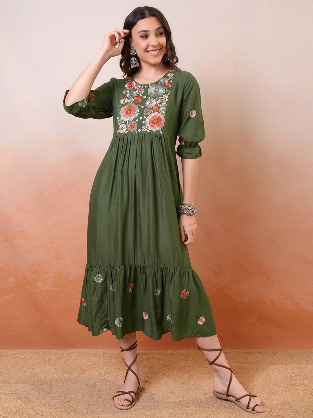 

Vishudh Green Floral Embroidered Round Neck Fit & Flare Midi Dress