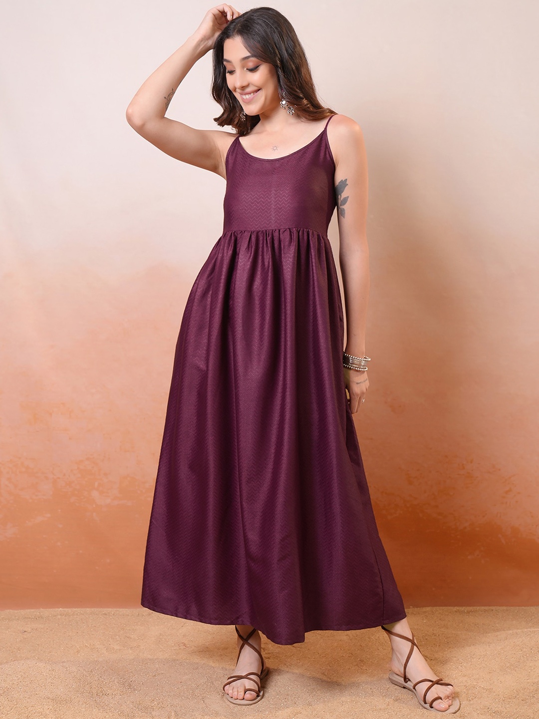 

Vishudh Maroon Self Design Shoulder Straps Gathered Smocked Maxi A-Line Dress