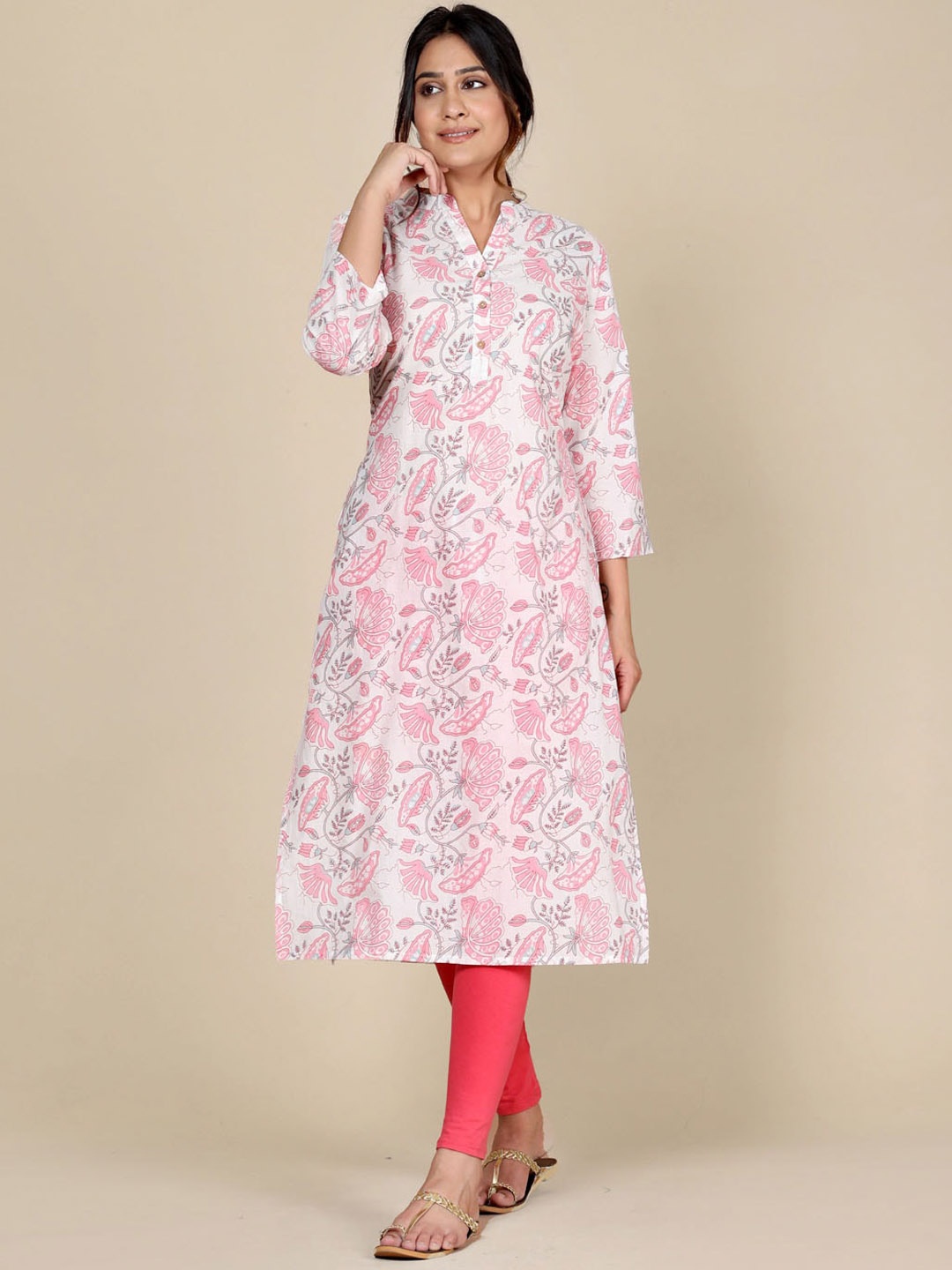 

HERE&NOW Floral Printed Cotton Straight Kurta, Pink