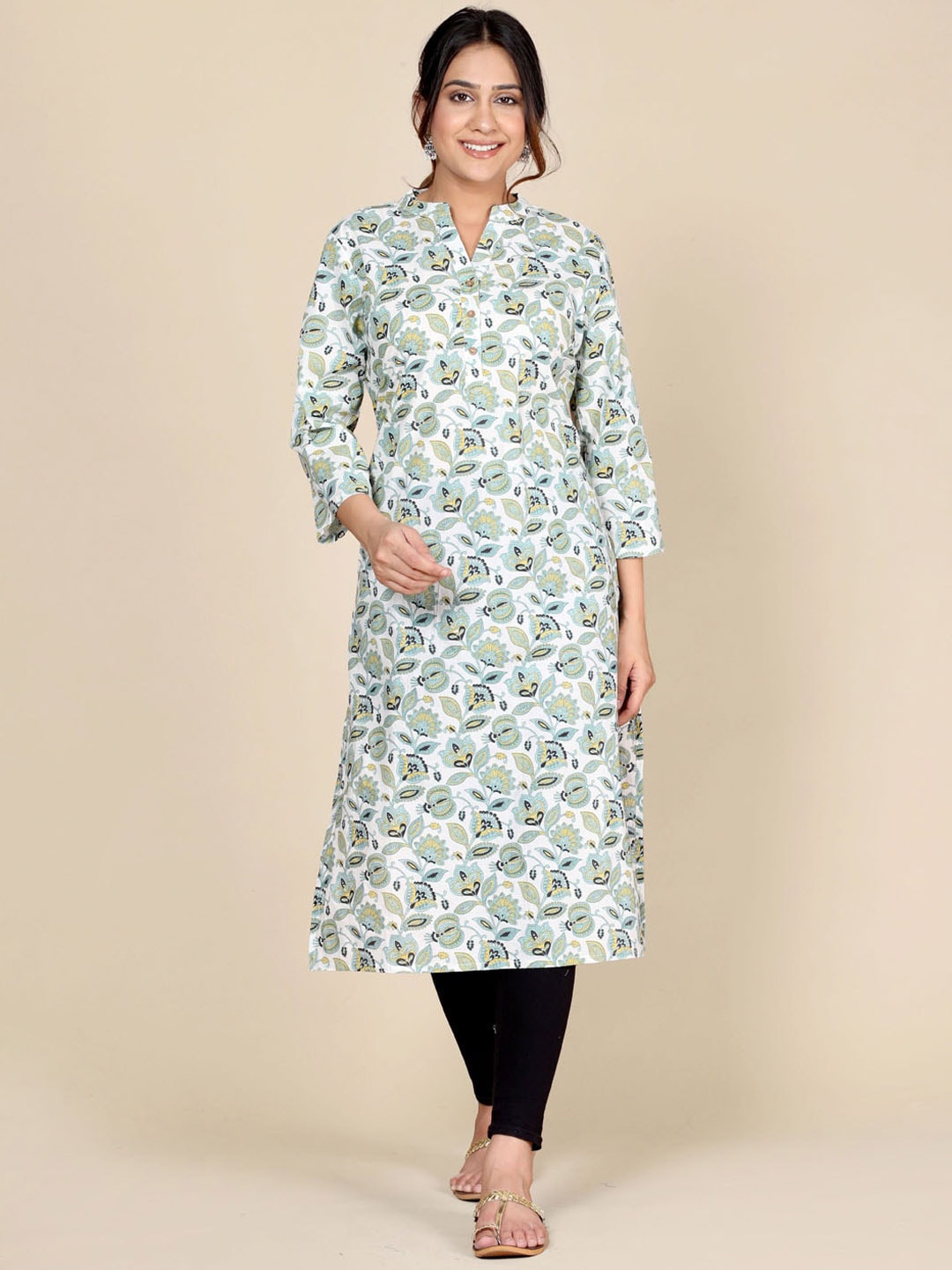 

HERE&NOW Floral Printed Cotton Straight Kurta, Green