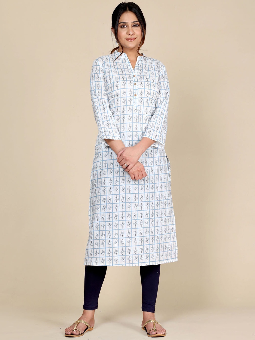 

HERE&NOW Checked Printed Cotton Kurta, Blue