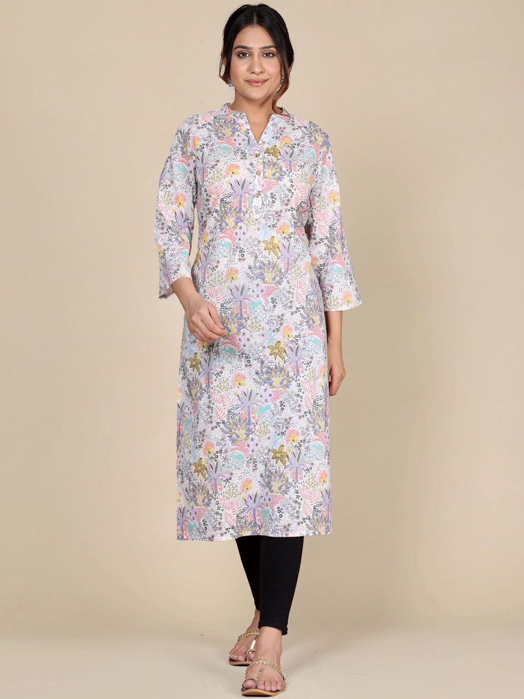 

HERE&NOW Floral Printed Cotton Angrakha Straight Kurta, Black