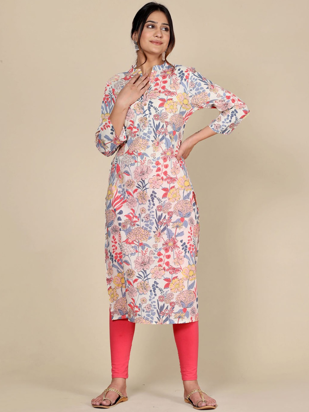 HERE&NOW Floral Printed Cotton Straight Kurta, Pink