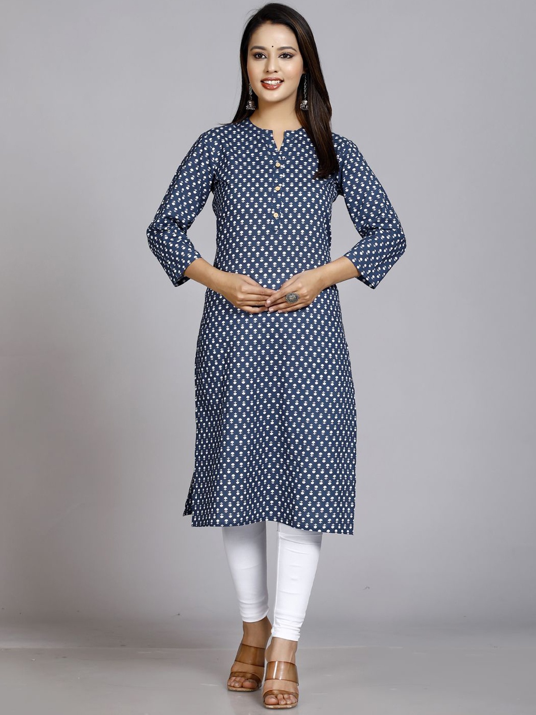 

HERE&NOW Floral Printed Cotton Straight Kurta, Blue