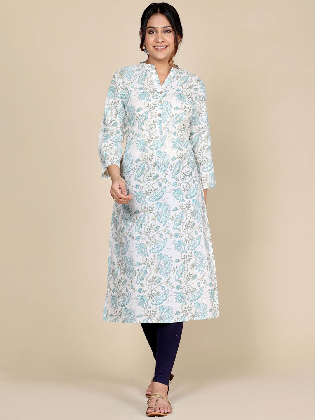

HERE&NOW Floral Printed Cotton Panelled Straight Kurta, Turquoise blue