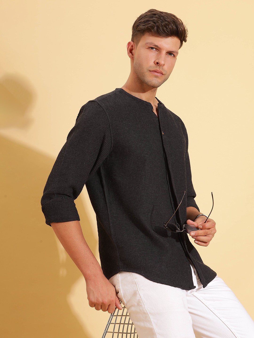 

HERE&NOW Mandarin Collar Long Sleeves Cotton Casual Shirt, Black