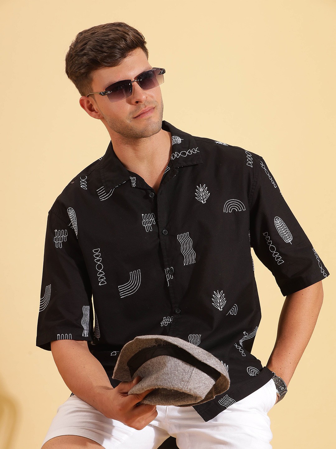 

HERE&NOW Spread Collar Relaxed Fit Printed Cotton Casual Shirt, Black