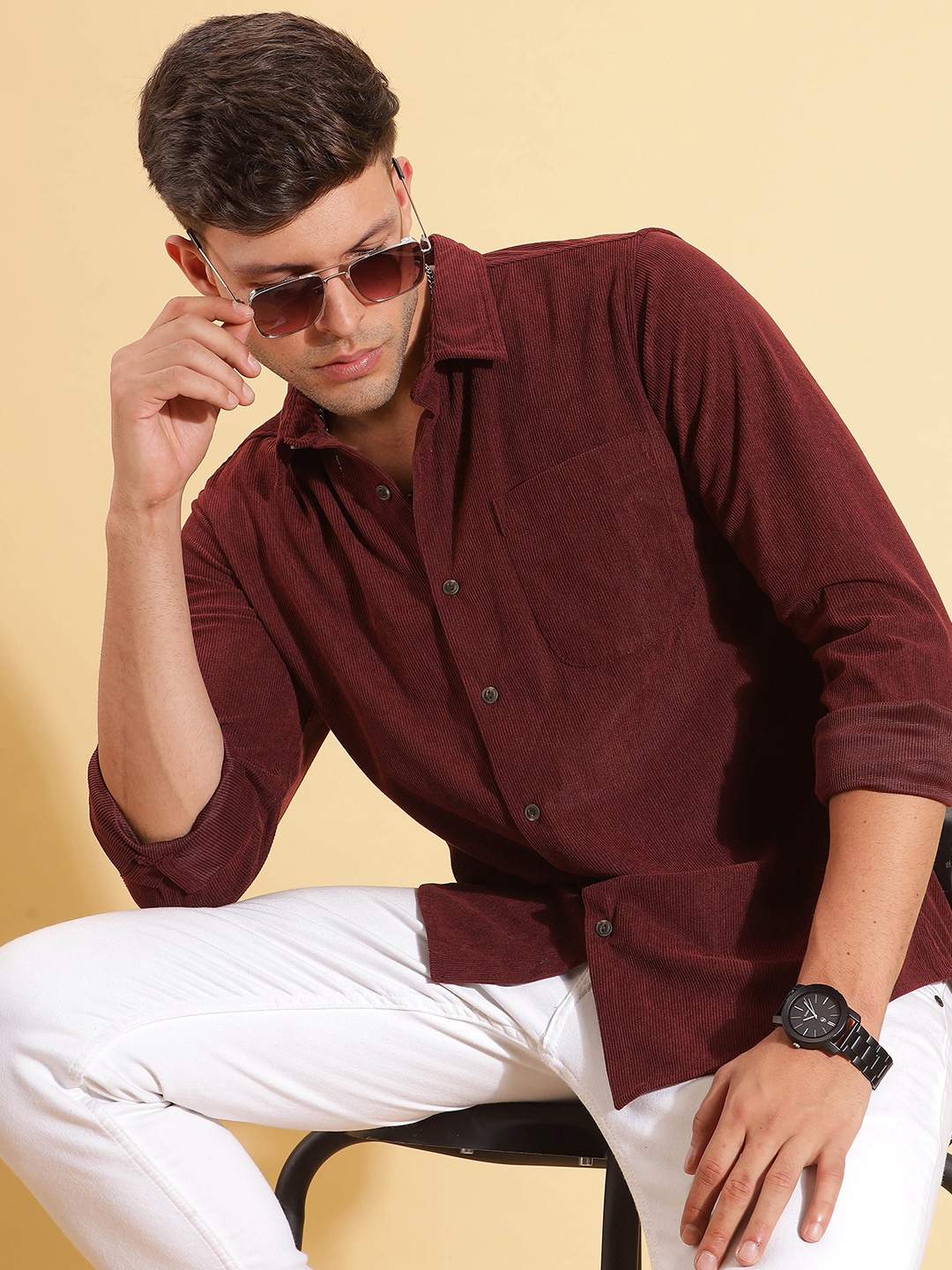 

HERE&NOW Spread Collar Slim Fit Corduroy Casual Shirt, Maroon