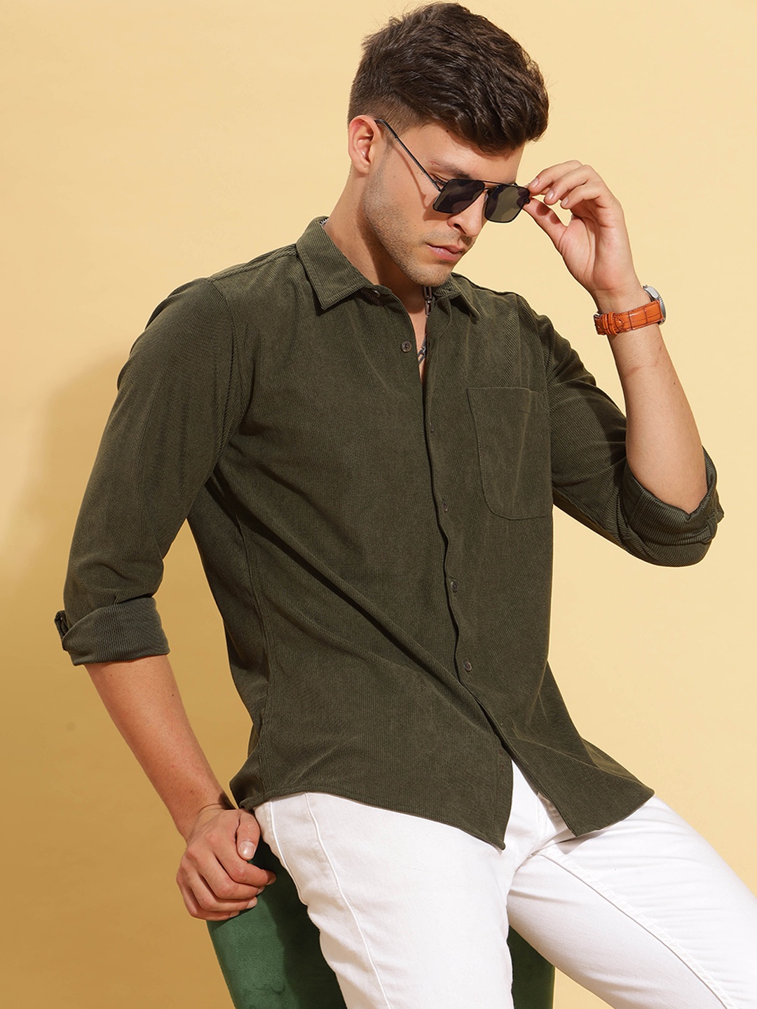 

HERE&NOW Spread Collar Slim Fit Corduroy Casual Shirt, Olive