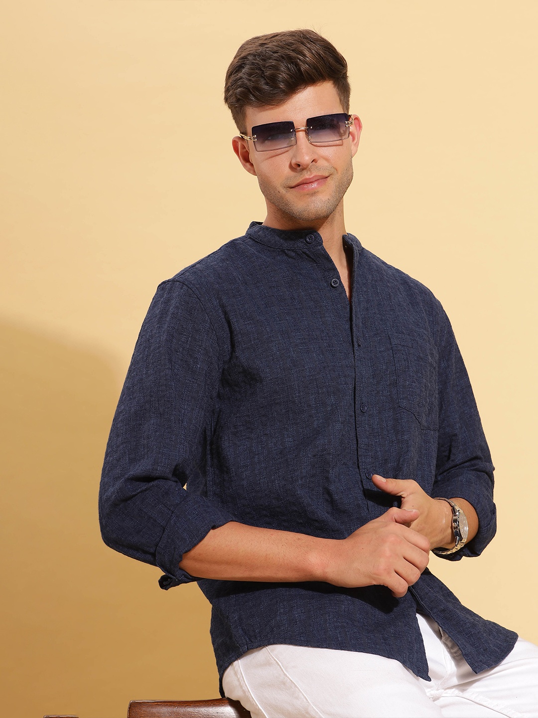 

HERE&NOW Geometric Mandarin Collar Long Sleeves Cotton Casual Shirt, Navy blue