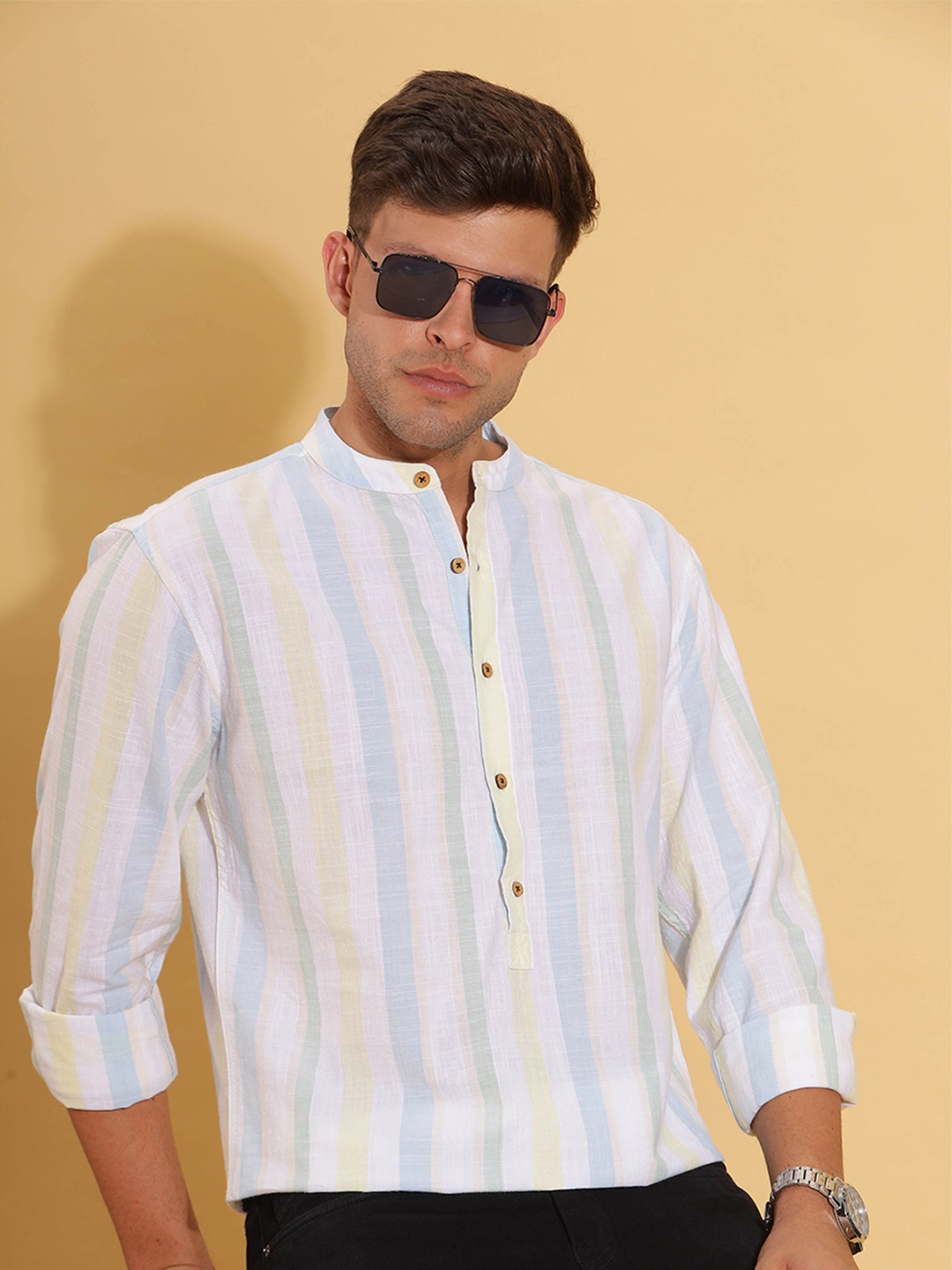

HERE&NOW Striped Band Collar Cotton Short Kurta, White