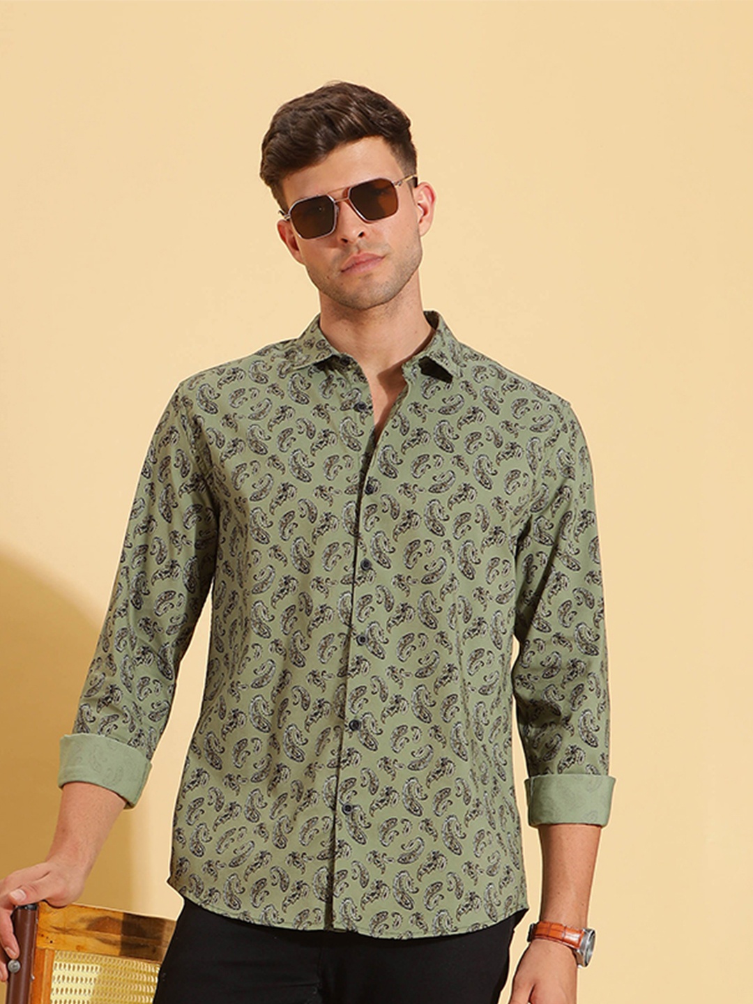 

HERE&NOW Slim Fit Floral Printed Spread Collar Cotton Shirt, Olive