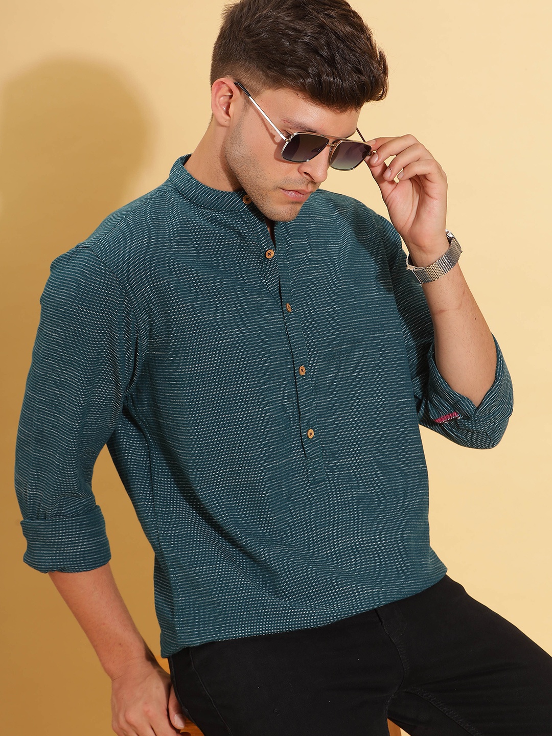 

HERE&NOW Band Collar Cotton Short Kurta, Teal