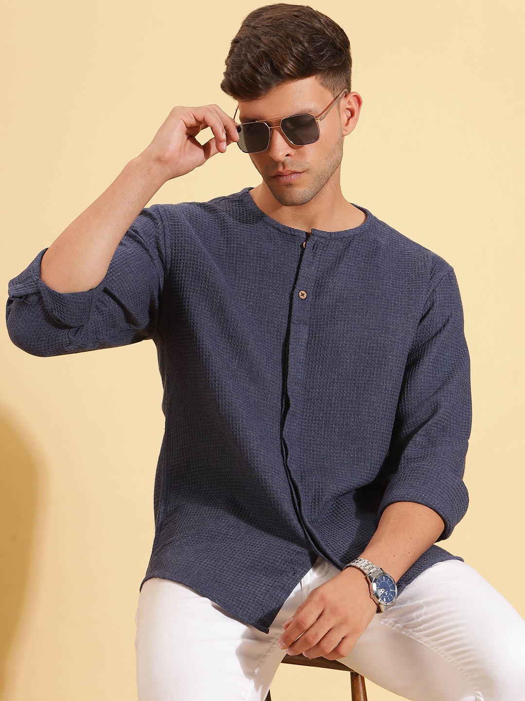 

HERE&NOW Mandarin Collar Long Sleeves Cotton Casual Shirt, Blue