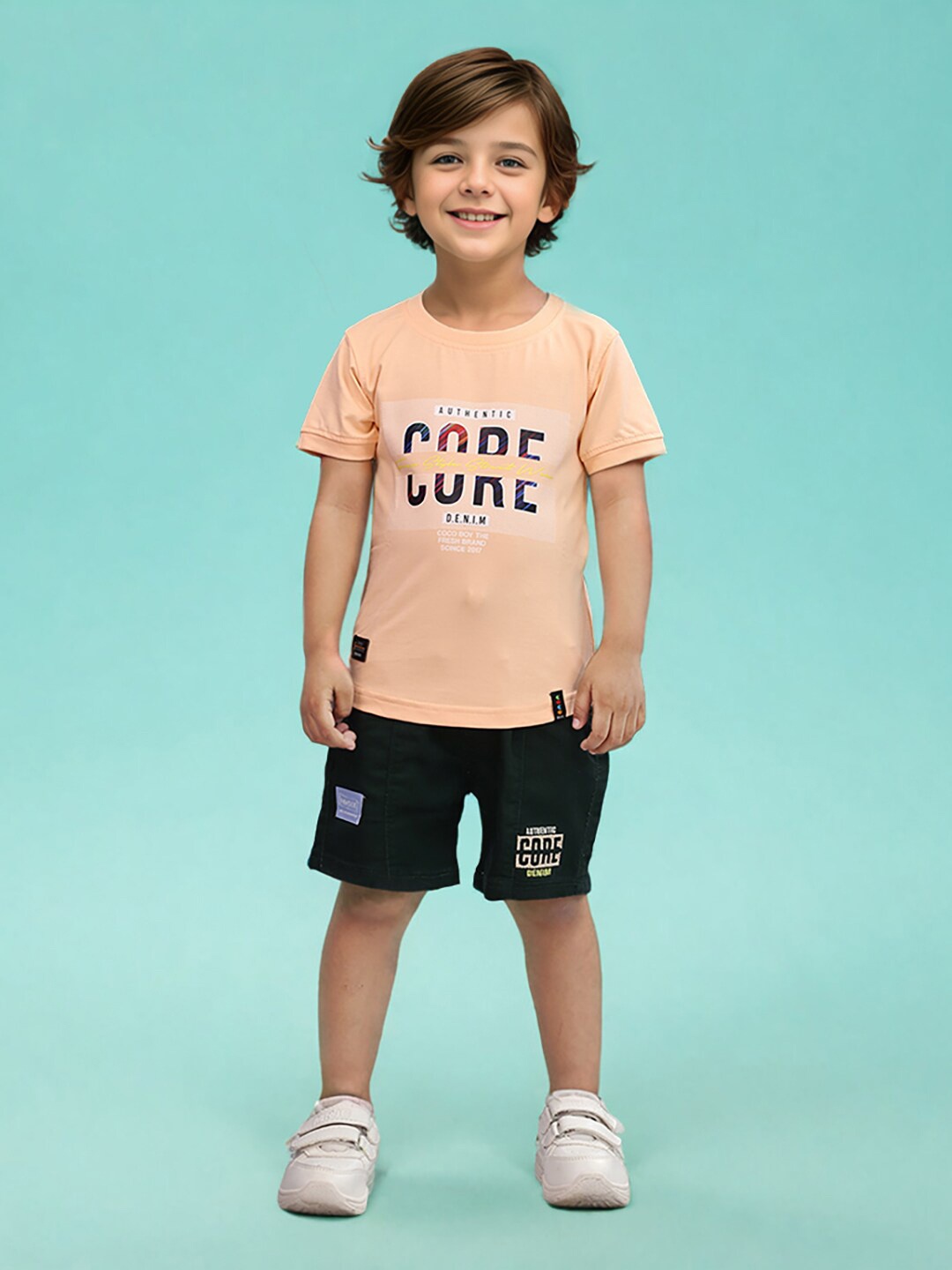 

Toonyport Boys Printed T-shirt With Short, Peach