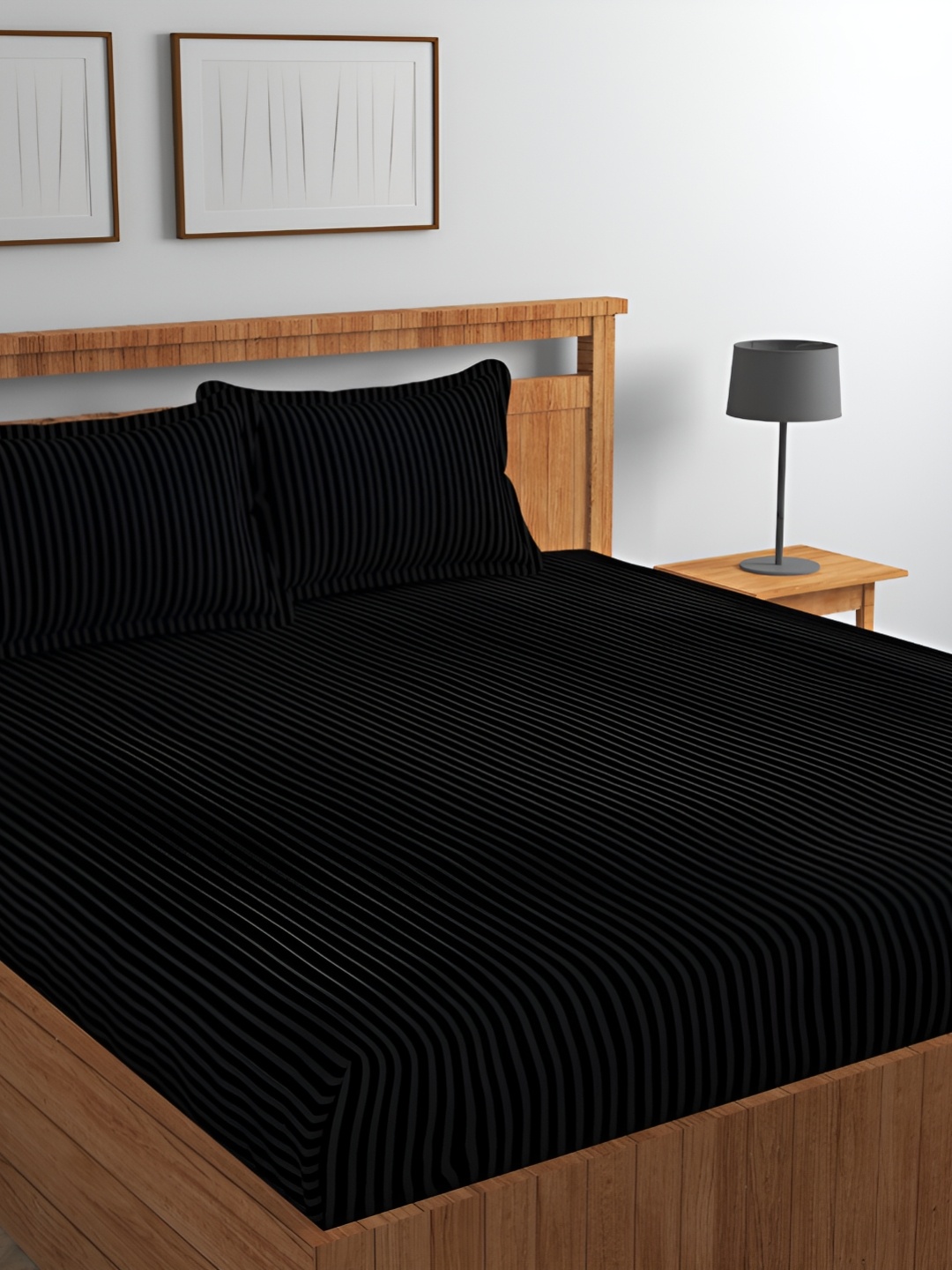 

CHHILAKIYA Black Striped Cotton 210 TC King Bedsheet with 2 Pillow Covers
