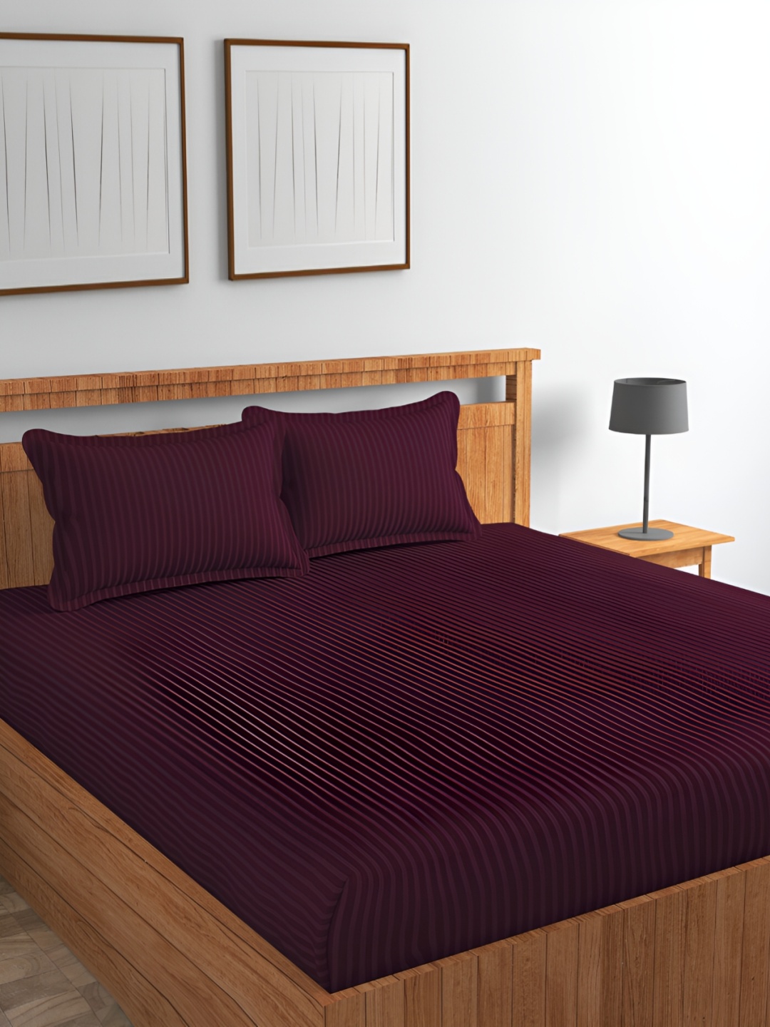CHHILAKIYA Maroon Striped Cotton 210 TC King Bedsheet with 2 Pillow Covers