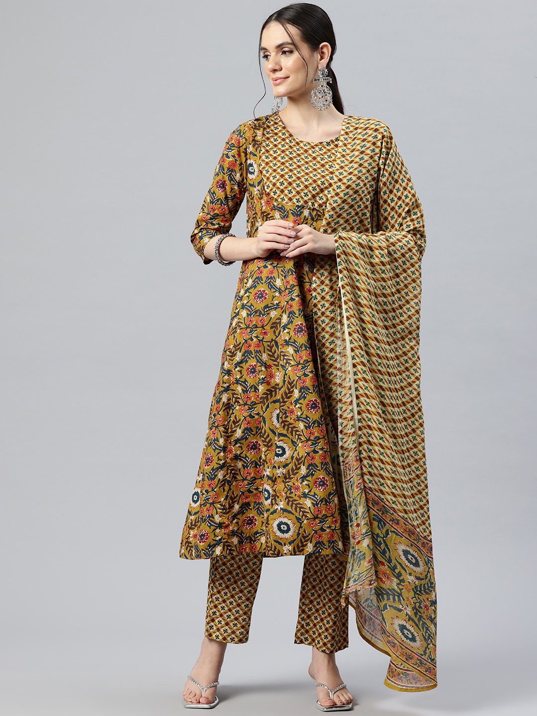 

Yuris Floral Printed Regular Pure Cotton Kurta with Trousers & With Dupatta, Mustard