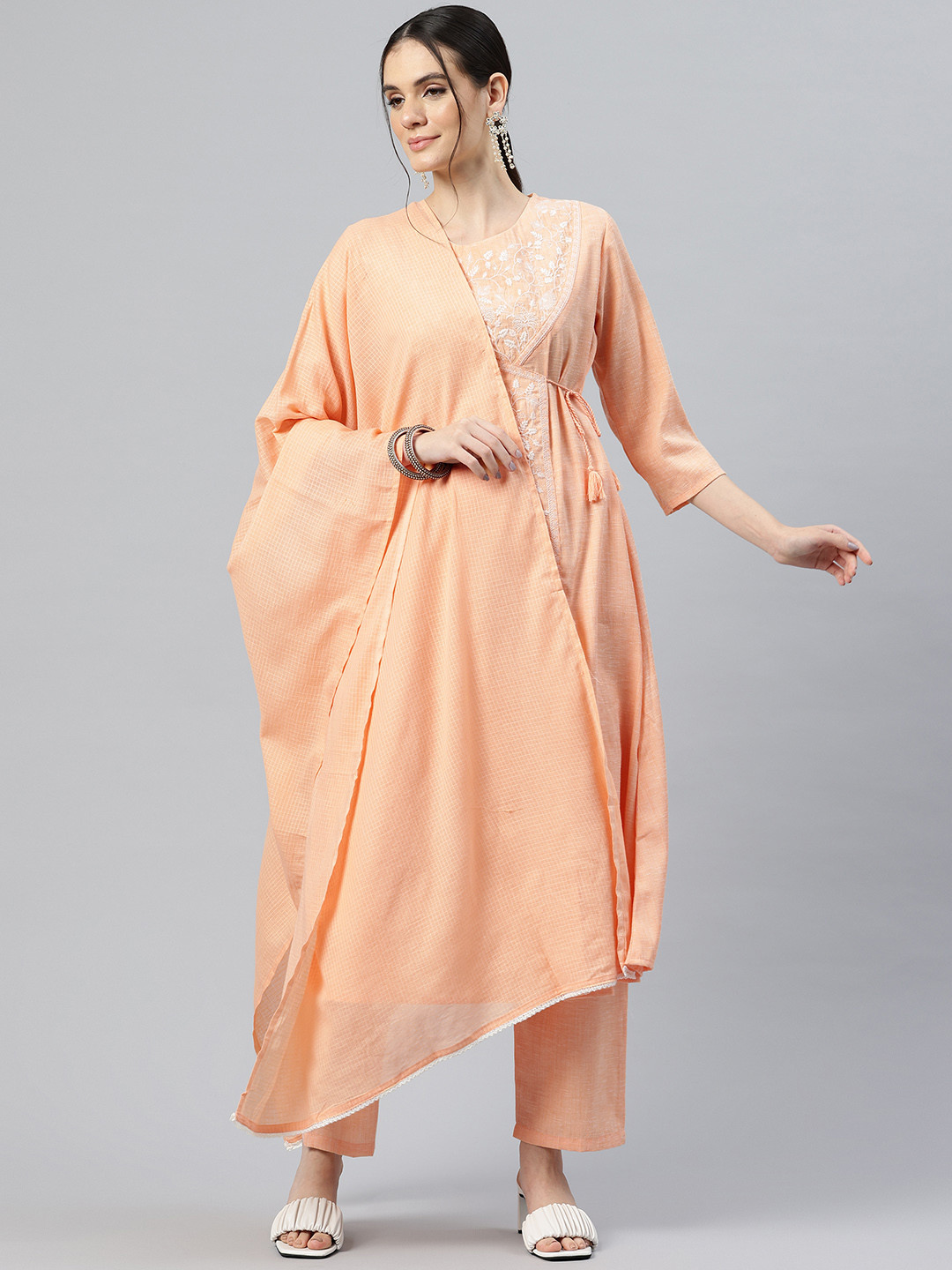 

Yuris Embroidered Angrakha Thread Work Pure Cotton Kurta with Trousers & With Dupatta, Peach