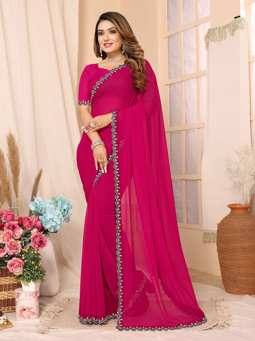 

Sunasi Beads and Stones Pure Georgette Saree With Blouse Piece, Magenta