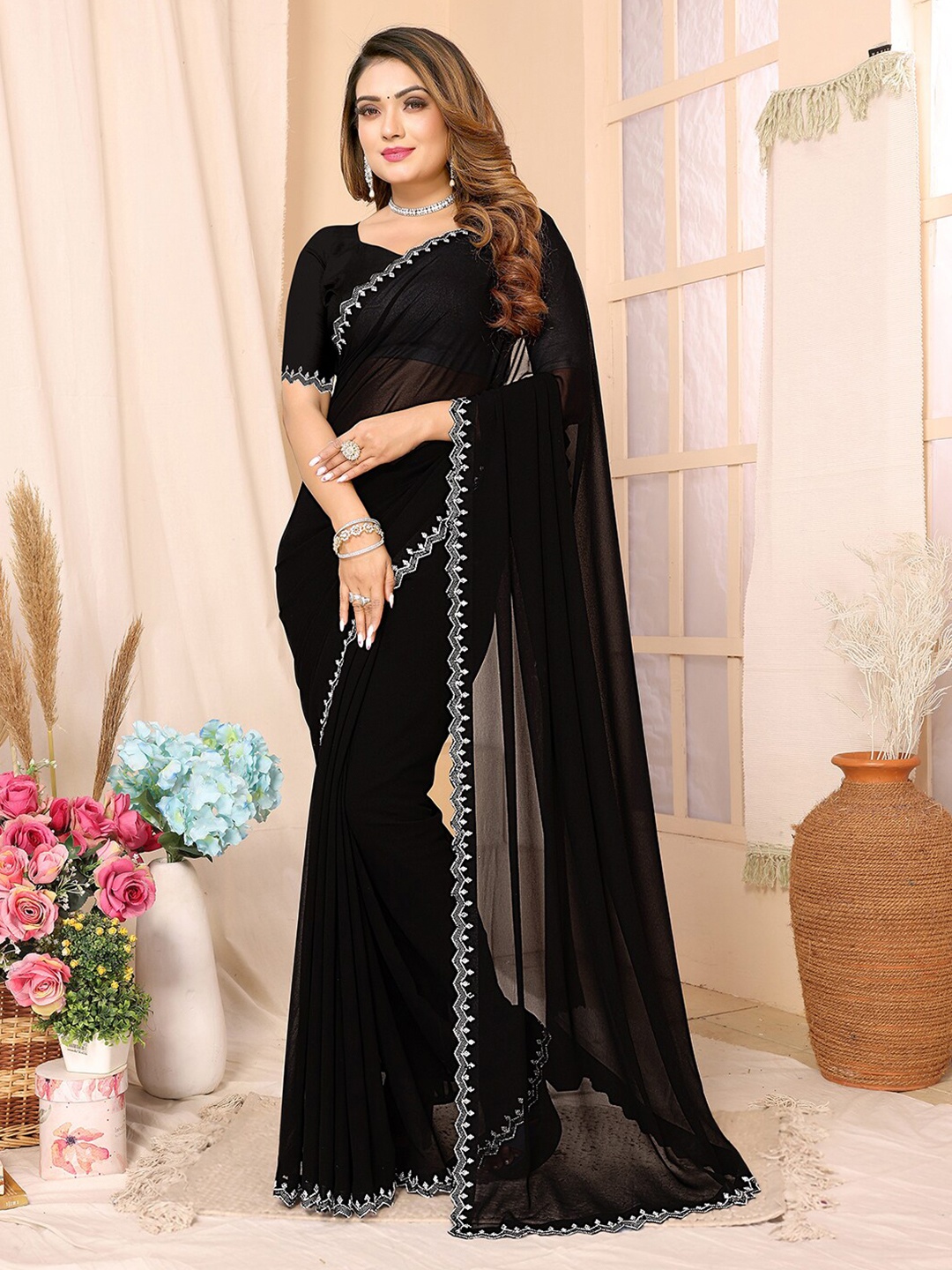

Sunasi Beads and Stones Pure Georgette Saree, Black