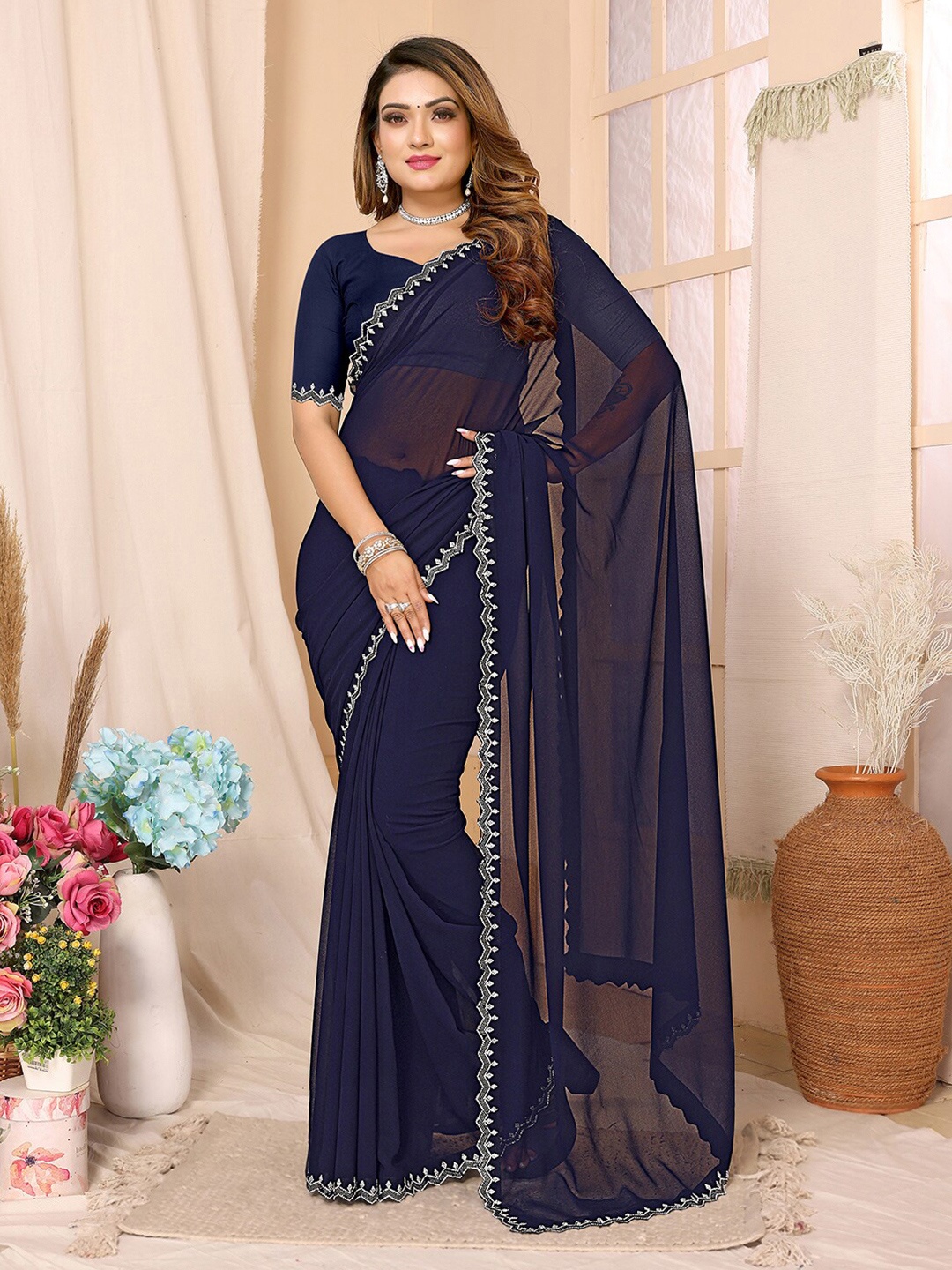 

Sunasi Beads and Stones Pure Georgette Saree, Navy blue