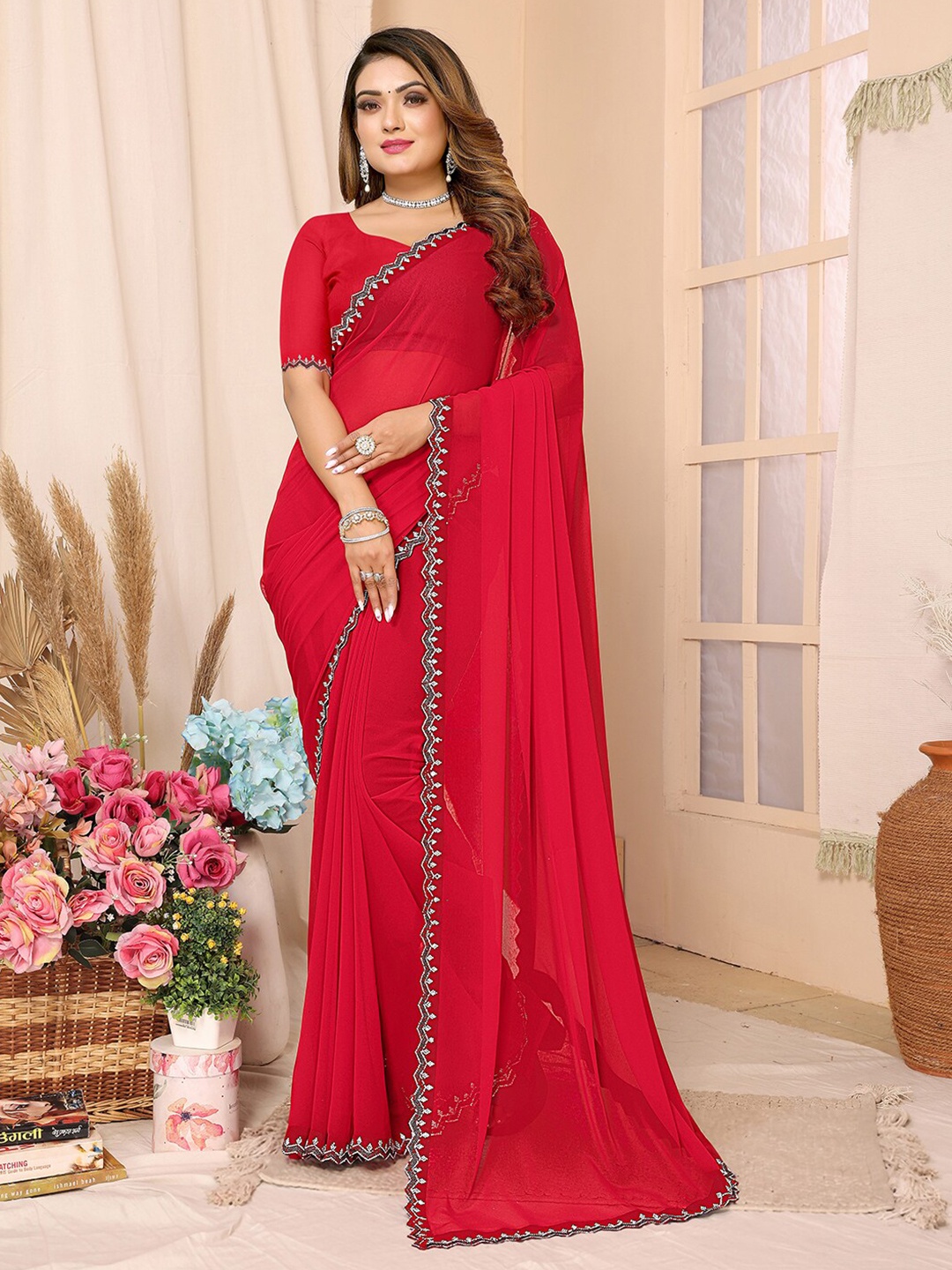 

Sunasi Beads and Stones Pure Georgette Saree, Red